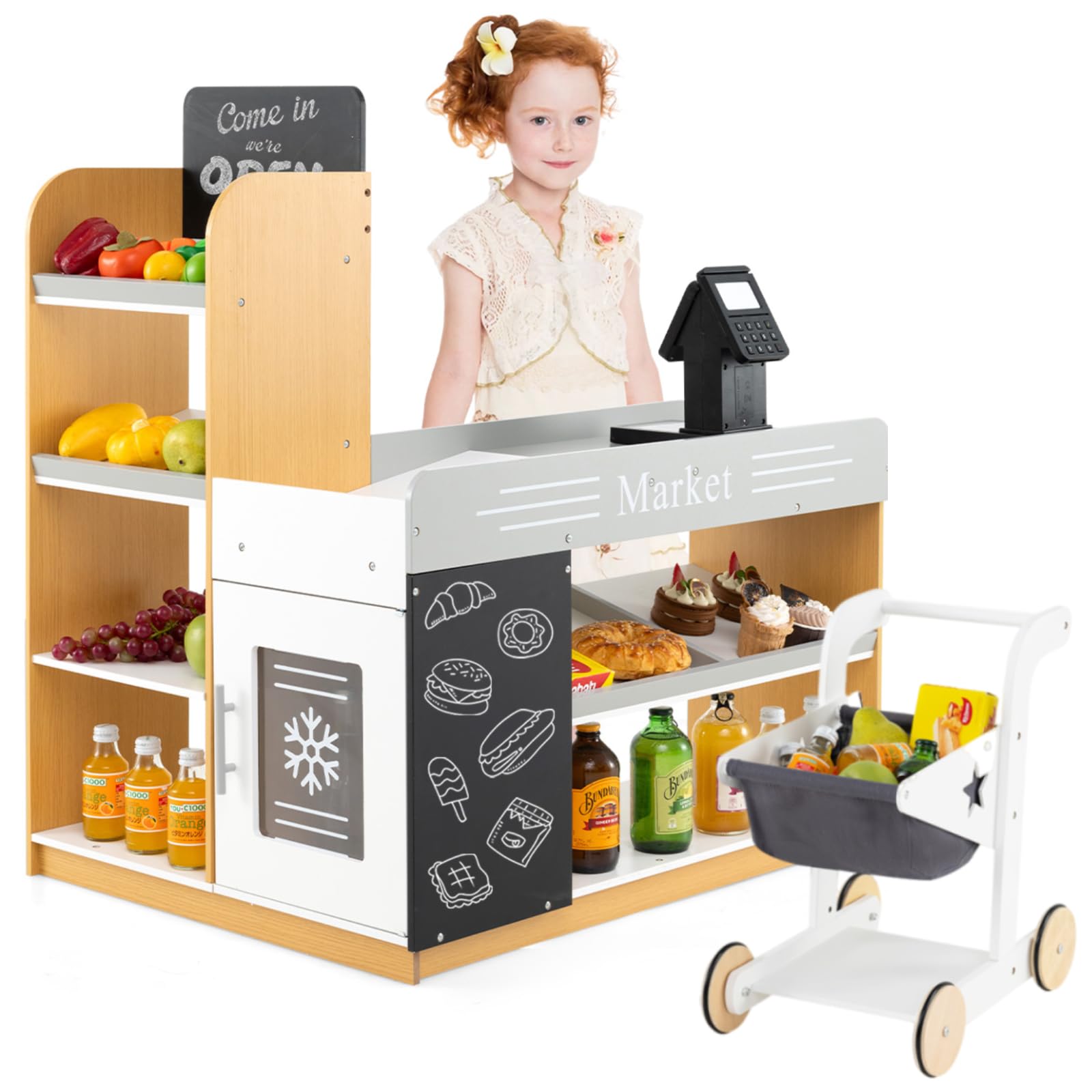 Maxmass Kids Grocery Store, Wooden Toddler Pretend Play Shop with Shopping Trolley, Scanner, Children Role Play Supermarket Set for 3+ Years Old (With Cash Register, Calculator, Money Box)