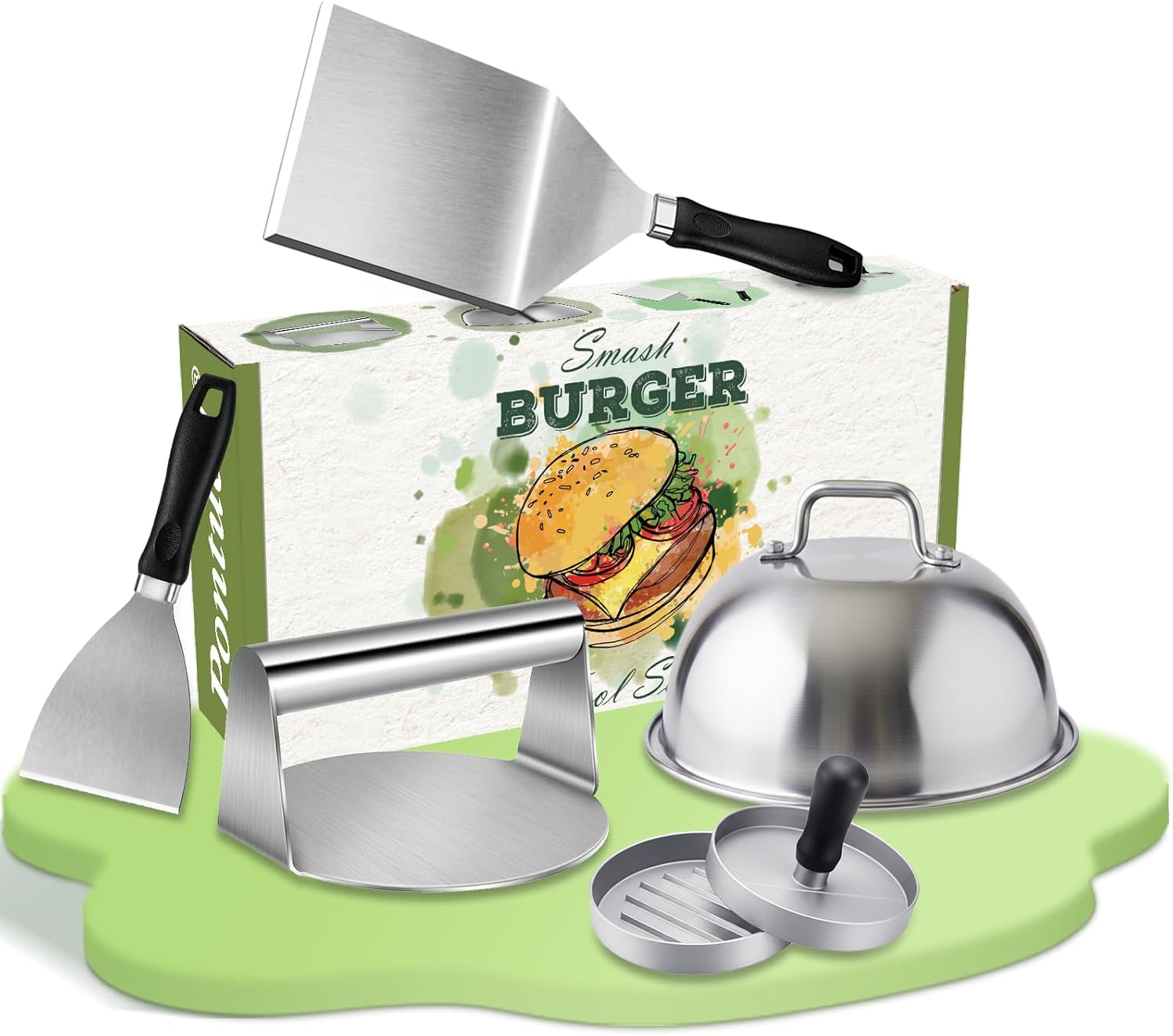 Smash Burger Set 5-TLG, Grillspachtel Set aus Edelstahl für Grillplatte Teppanyaki, Plancha Grill Zubehör mit Groß Grillwender, Burgerpresse, Burgerglocke, Pattywender für Männer Geschenk