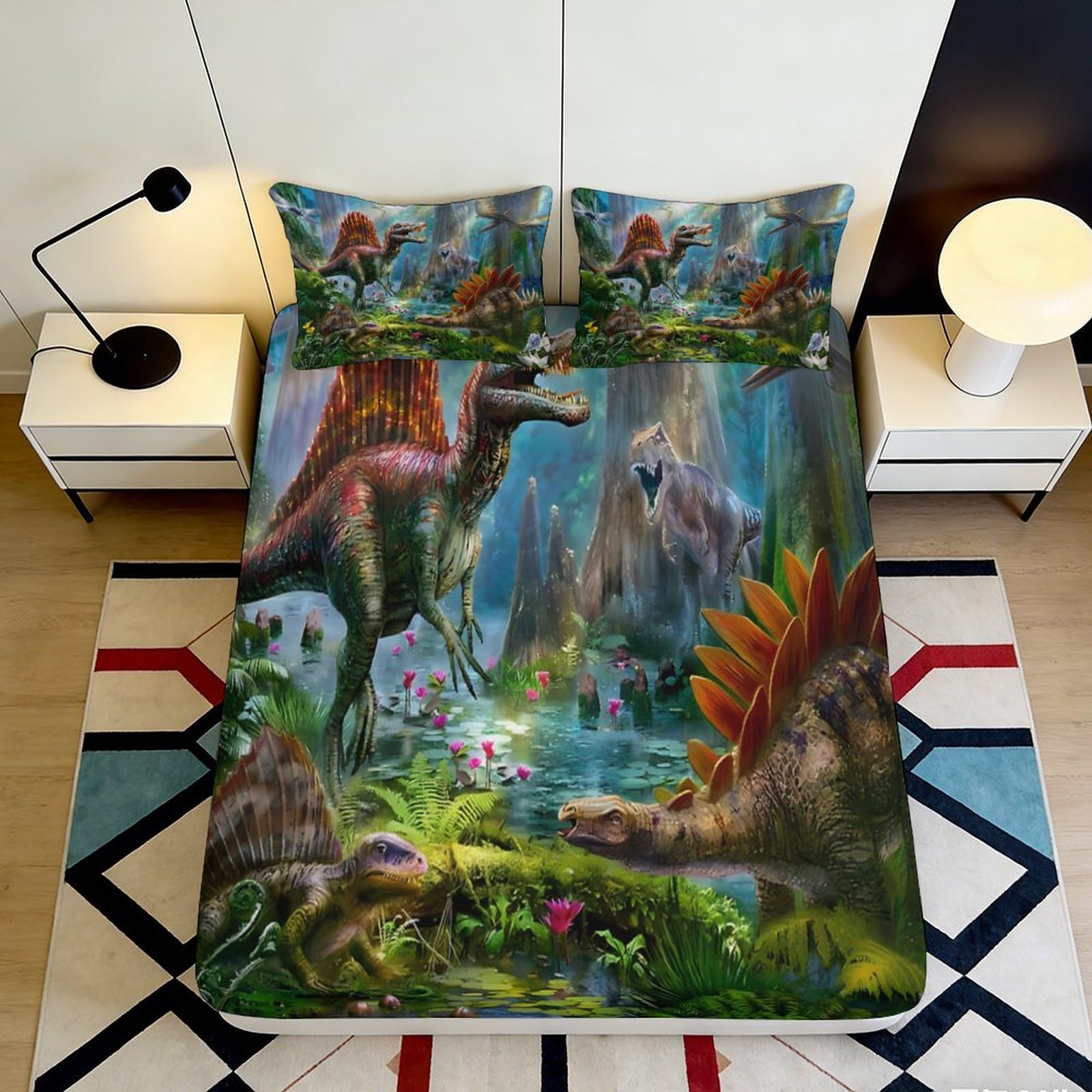 Pnayamiorkfel Style-1 3D Printed Dinosaur Forest Fitted Sheet Microfiber Soft Breathable Jurassic Wildlife Mattress Cover For Bedroom Decor 90X200x25cm