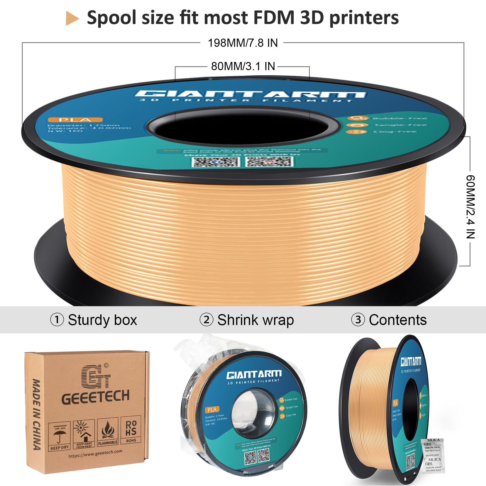 Filamento PLA 1,75 mm, GIANTARM Stampante 3D PLA Filamento 1 kg Spool (Oro sabbia)