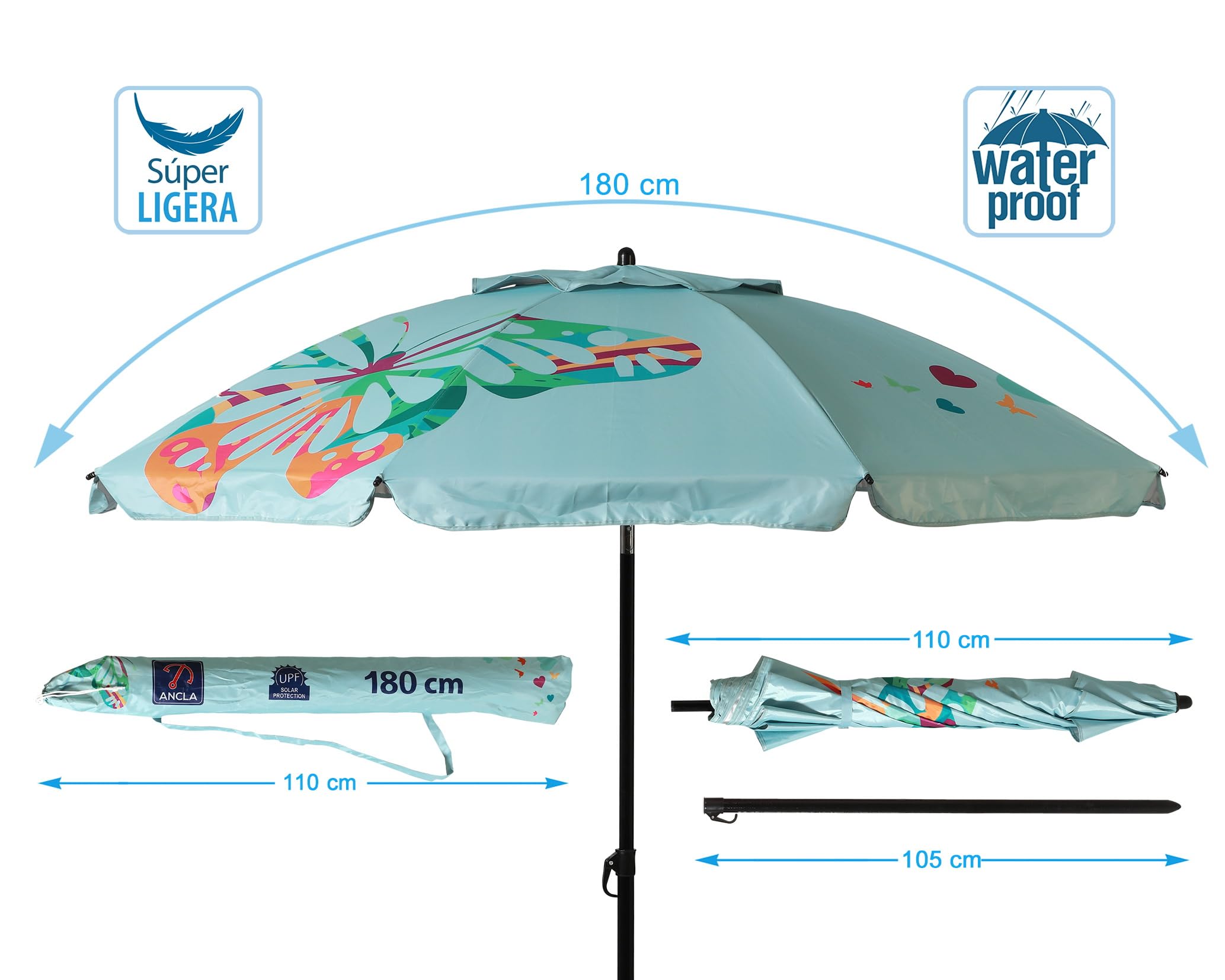Atosa Strandschirm Ø 180 bis 220 cm, neigbar, aus Aluminium, Schmetterlinge mit UPF 50+ in verschiedenen Farben, blau, 180 CM, Bohemien