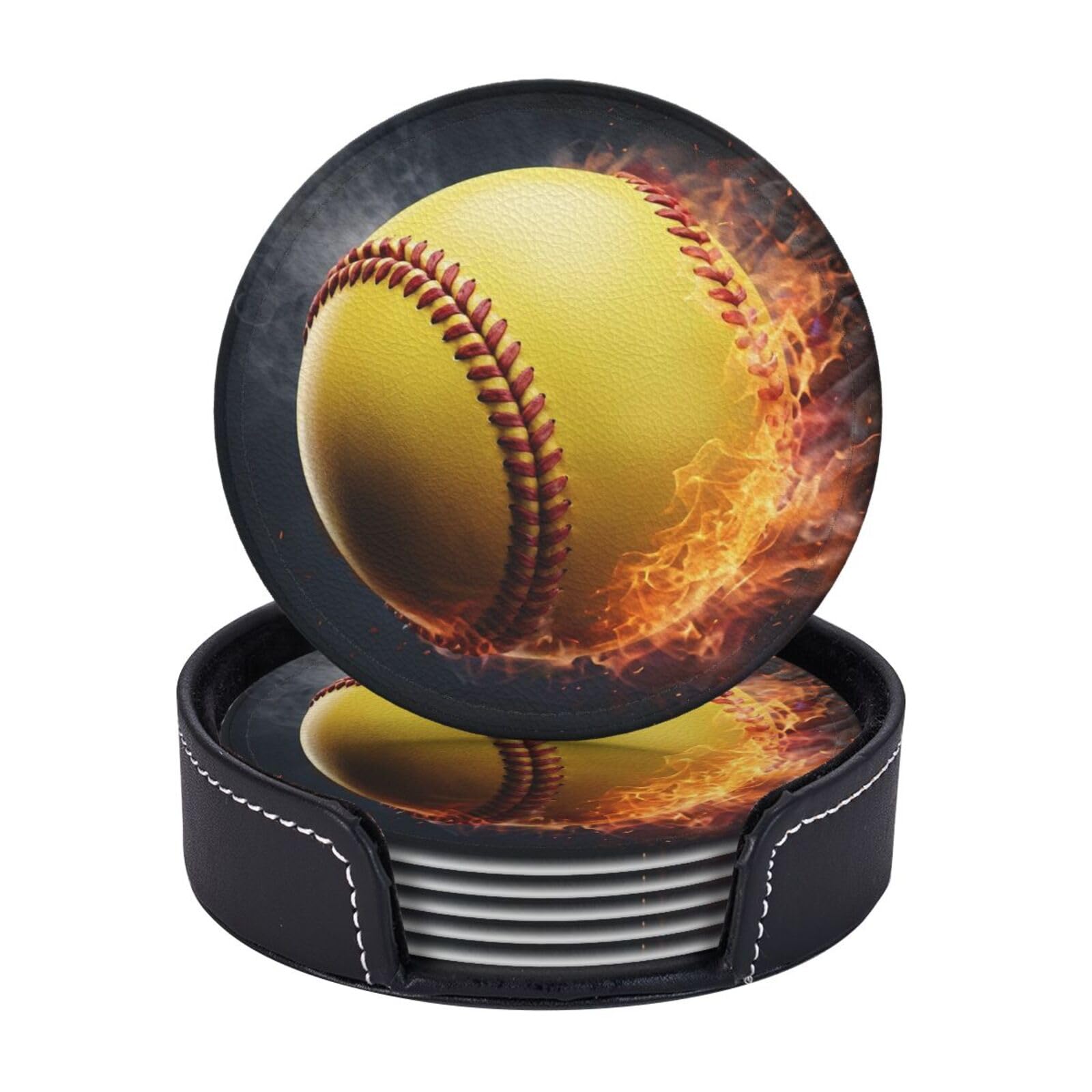 Coasters Set of 6 Leather Drink Coasters with Holder Softball Coasters for Drinks Heat Resistant Coaster Round Coffee Cup Mat Pad for Kitchen Office Home Decor