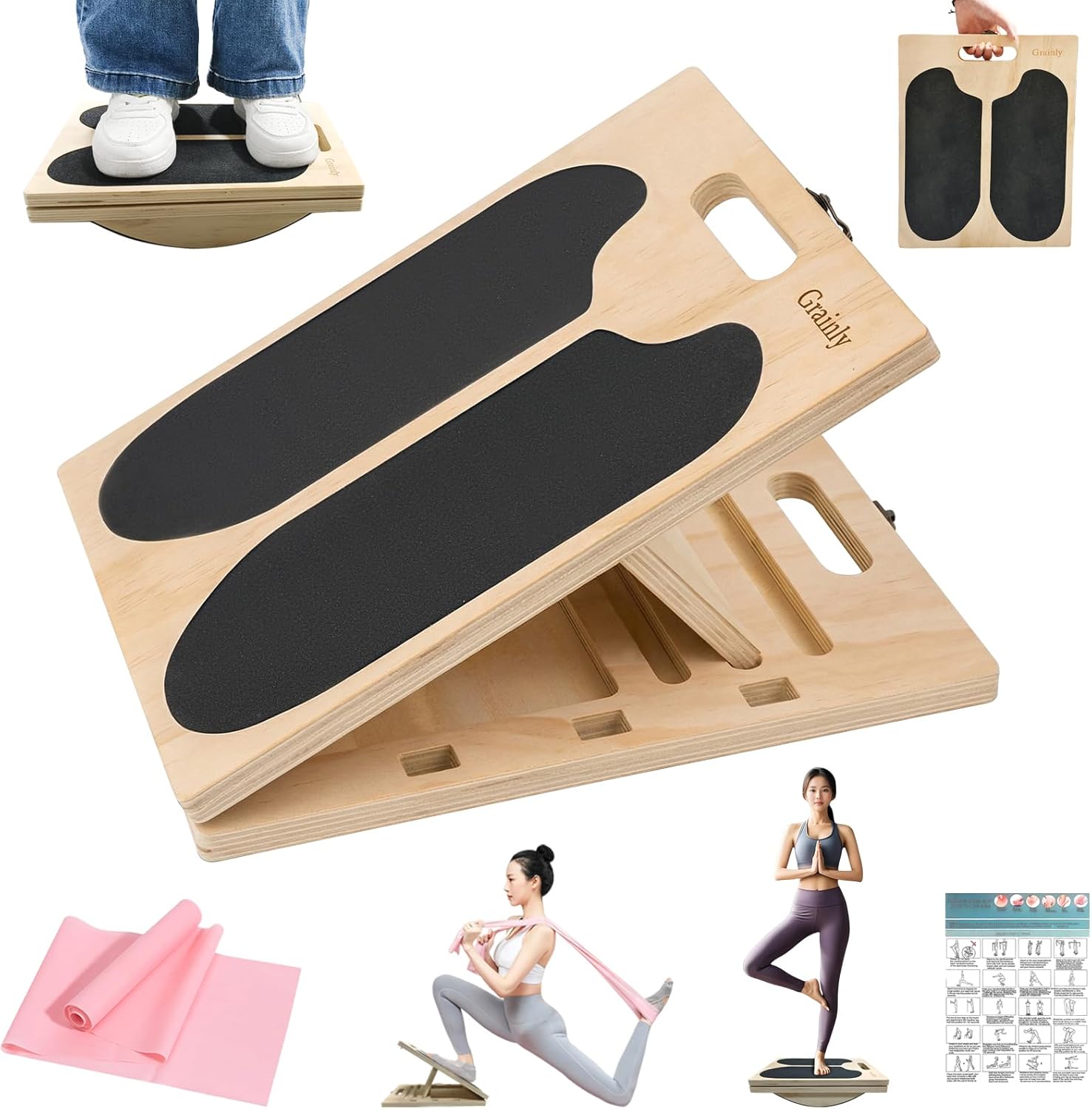 2-in-1 Wooden Slant Board & Balance Board | Adjustable Incline Board for Calf Stretching, Squat Wedge, Ankle Support | Foldable Design | Includes Workout Poster & Resistance Bands