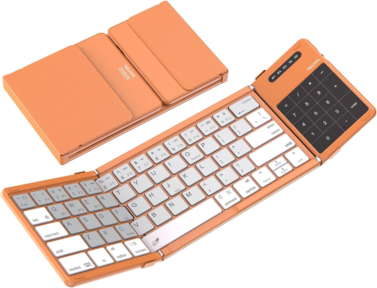 Nillkin Pocket Foldable Wireless Keyboard with Touchpad Number Pad for Travel Bussiness Trip Meeting for Tablets Fold Phone Laptop Computer, Full Size (Small) Magnetic Folding Keyboard Orange