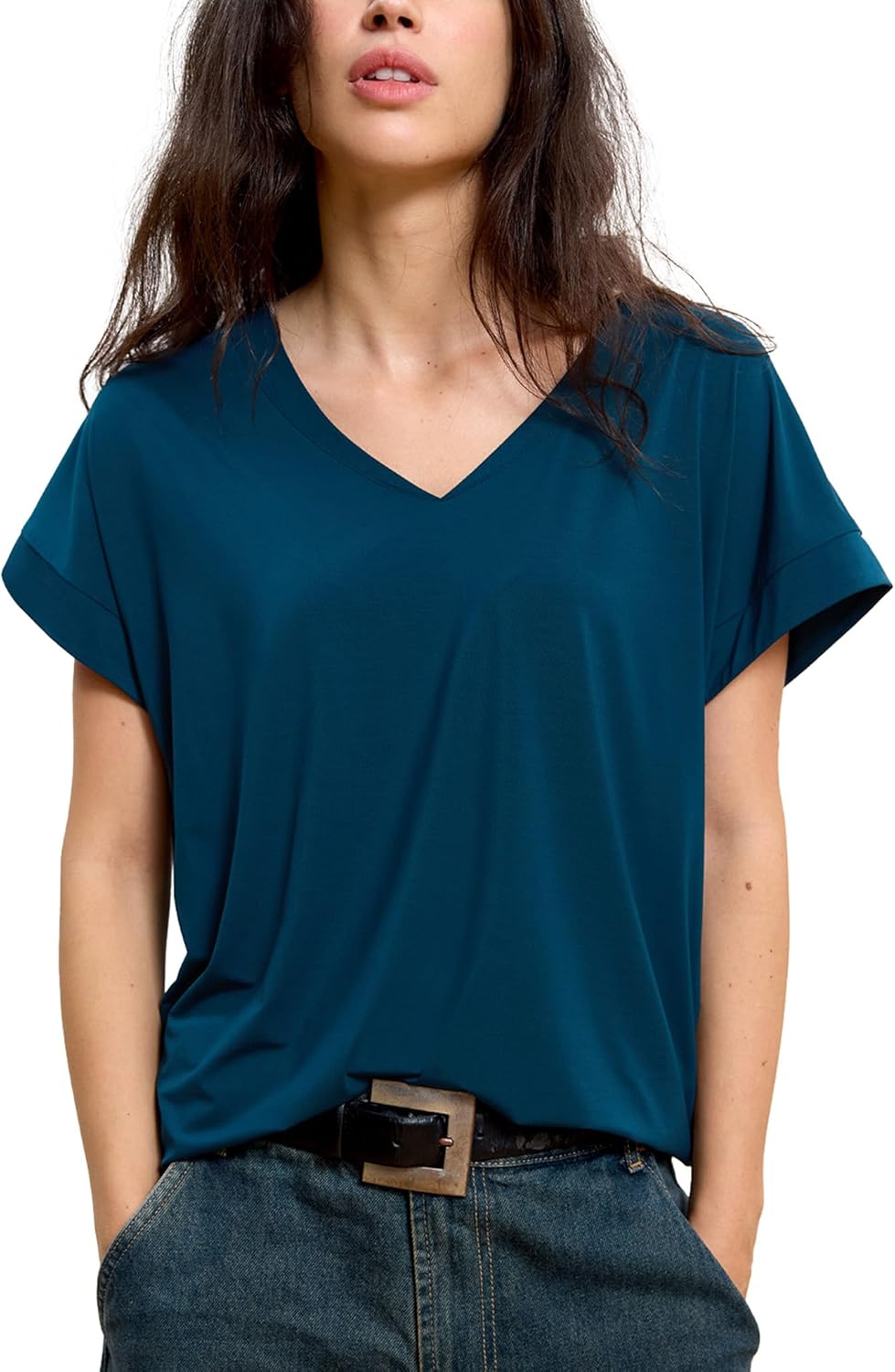 GYS Bamboo Viscose T Shirts for Women, Short Sleeve V Neck Tee, Soft Pajama Tops