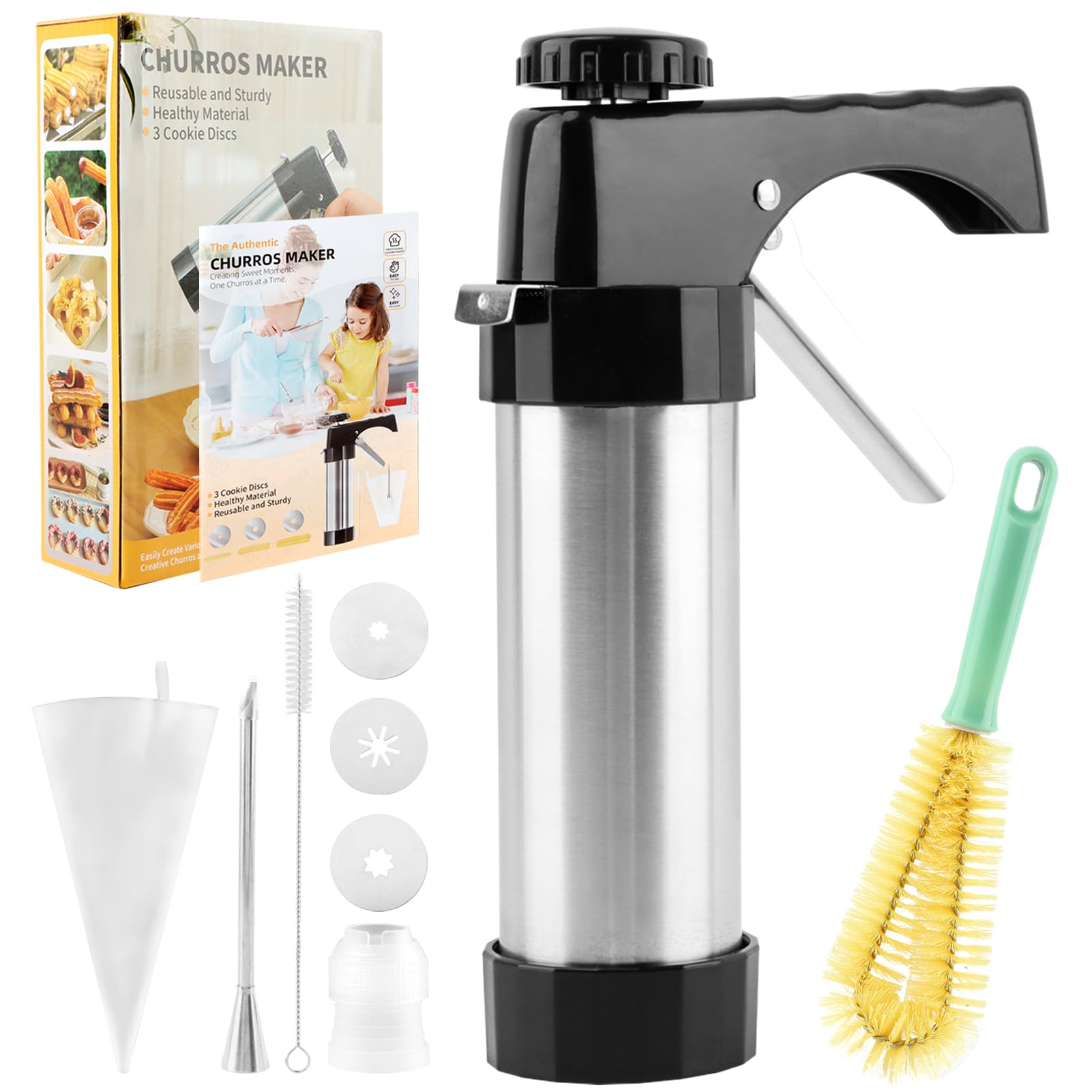 Churro Maker Maschine Aus Edelstahl – 3-in-1 Mit Spritzbeutel, 6 Düsen, 9 Keksplatten, Leicht Zu Reinigen