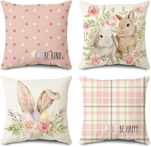 Tikeciti Juego de 4 fundas de almohada de Pascua de 18 x 18 pulgadas, diseño de búfalo de conejo de Pascua, diseño de búfalo, decoración de granja