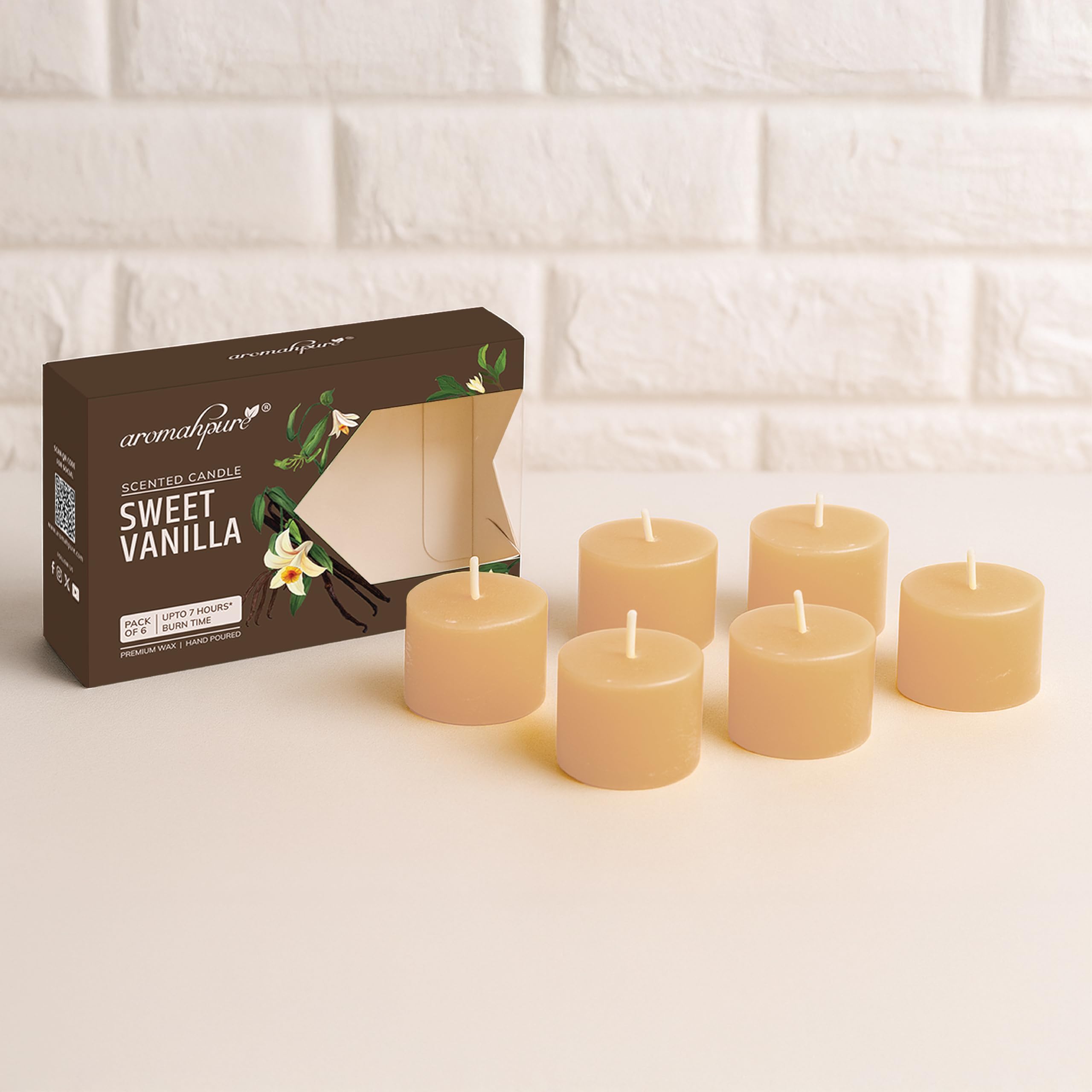 Aromahpure Vanilla Scented Set of 6 Votive Candles | 3 x 3.5 cm | Aroma Candles with Long-Lasting Fragrance | Burn Time 7 Hours Each | Relaxing Aromatherapy Candles for Home Décor & Gifting-image-1