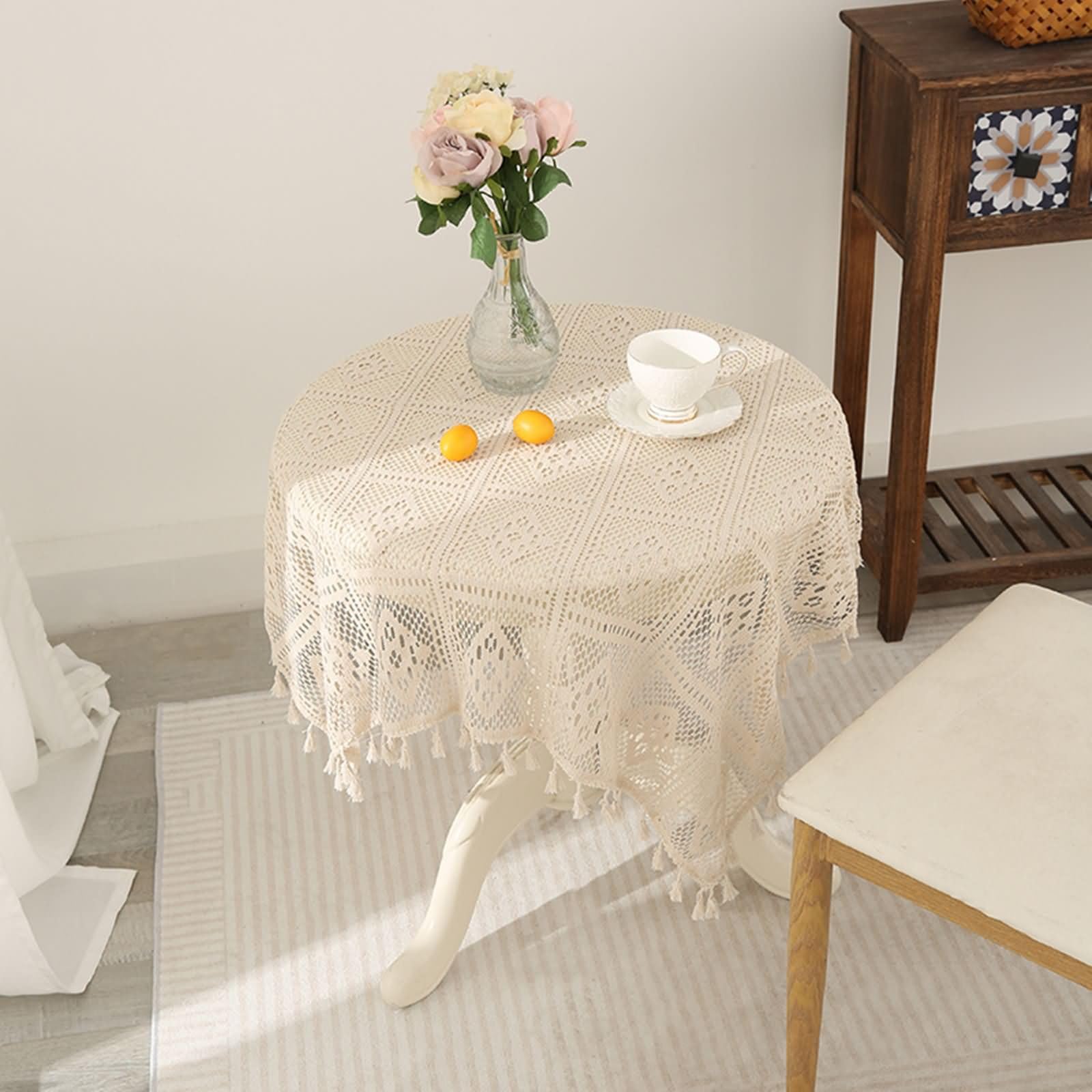 Gualiy Polyester Tischdecke Rund, Tischtuch 140 x 160 Abwaschbare Tischdecke Hohl Strick mit Quasten Tischdecke für Küchentisch, Beige
