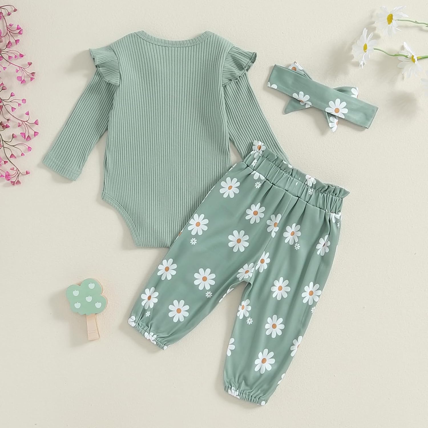 Infant Baby Girl Long Sleeve Mama's Little Bestie Letter Print Ribbed Romper Elastic Daisy Pants Headband Outfits