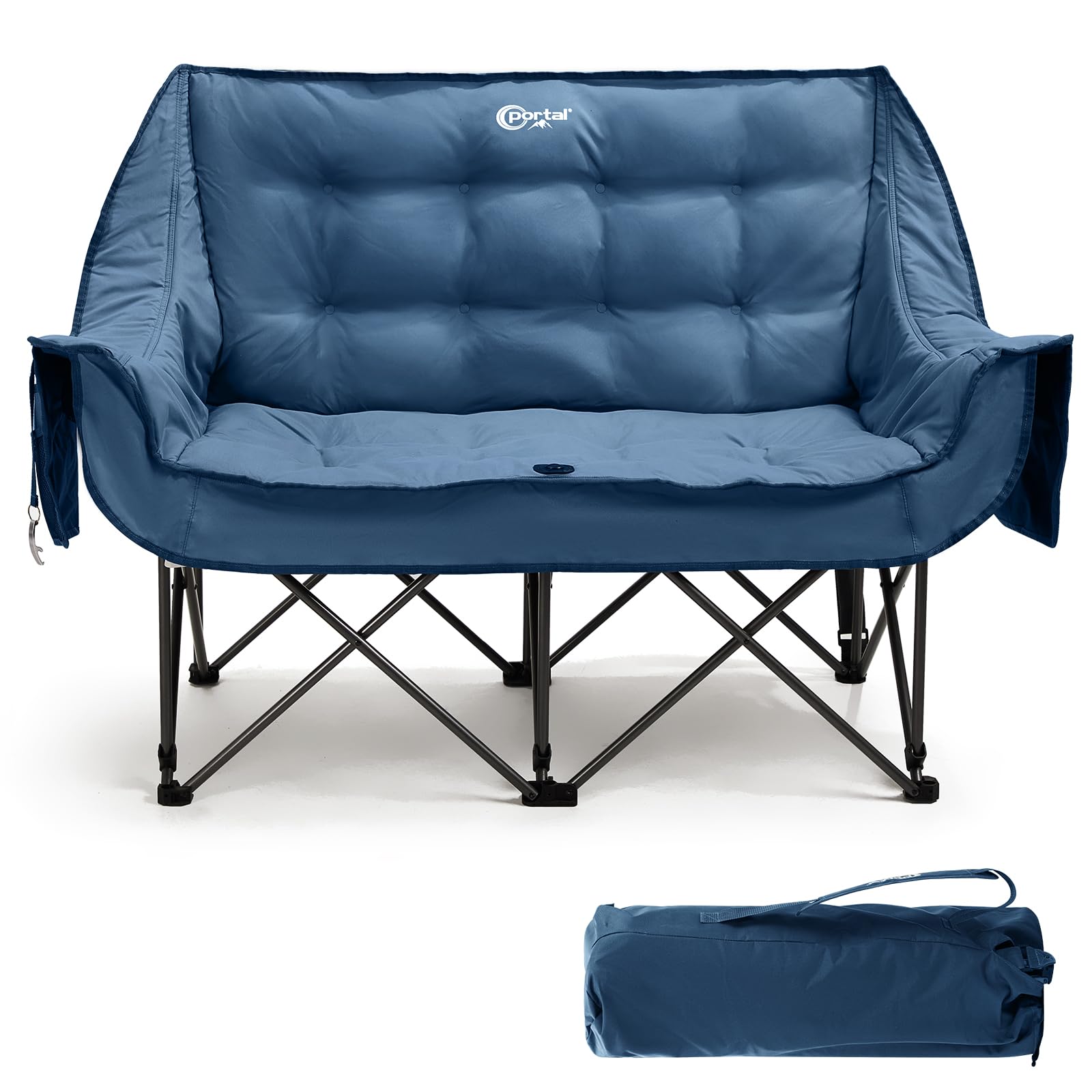 Portal Double Camping Chair Padded Folding Camping Sofa for Adults Large Quilted Love Seat Luxury Fodable Tub Chair Deluxe Moon Chair Collapsible Giant Festival Garden Lawn Picnic Load 272KG