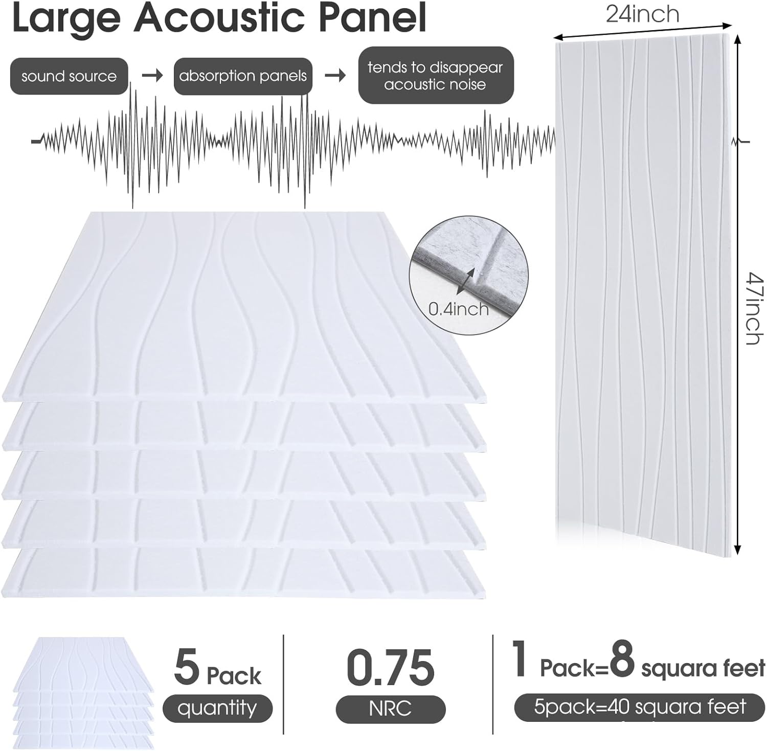 Coume 5 Pack Size 47x23.6x0.4 Art Acoustic Panels Sound Absorbing 47x23.6x0.4 Inch Large Self Adhesive Sound Dampening Decorations Noise Reduction Soundproof Wall Panels for Home Office Studio(White)