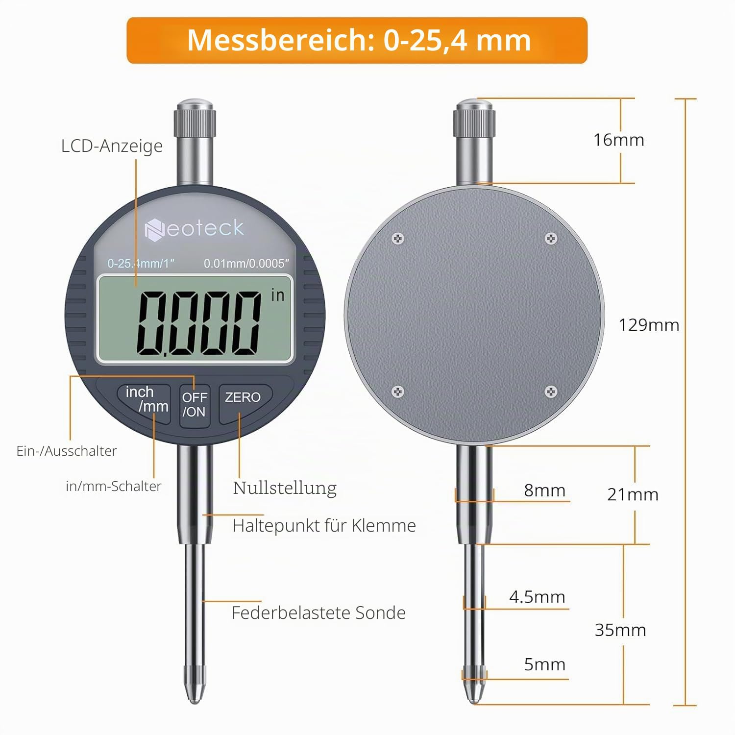 Neoteck Messuhr Digital und Magnetfuß, 25,4 mm Zoll/metrische Umrechnung 0-1 Zoll/Auto-Aus-Messwerkzeug Elektronische Messuhr für Labor Werkstatt 3D Drucker