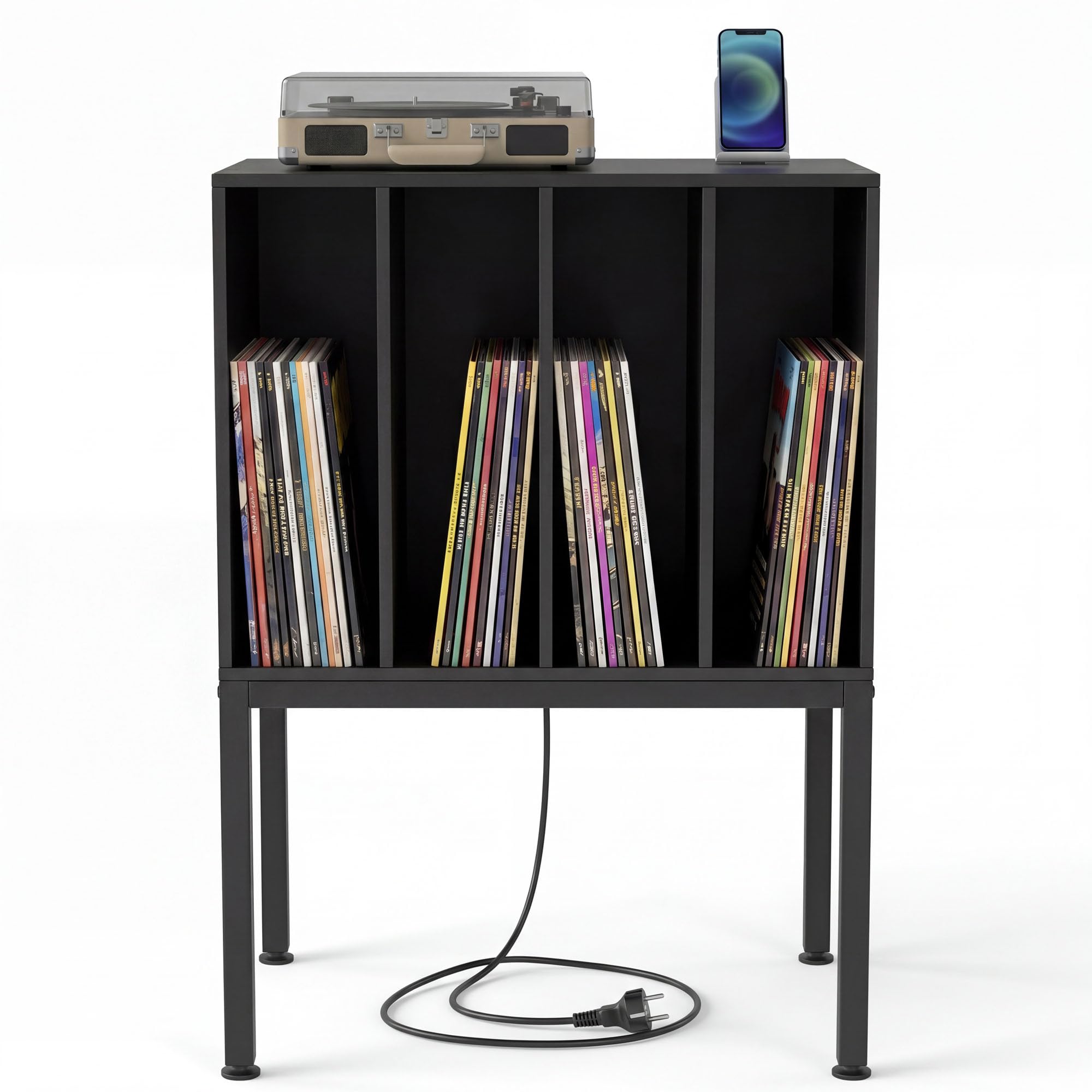 KOMFOTTEU Supporto per Giradischi in Vinile con Stazione di Ricarica (Nero) | Struttura Legno-Metallo, Piano Superiore + 4 Scomparti Porta Album, Design Moderno Multifunzione, 50x40x81 cm