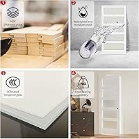 Vista 3 de Puerta interior francesa moderna de 30 x 80 pulgadas, paneles de vidrio esmerilado templado de 5 lites, MDF blanco y vidrio, imprimado, panel