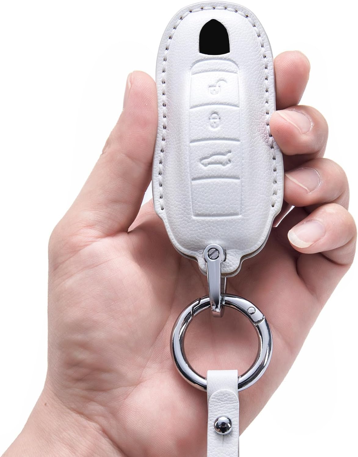 Genuine Leather Smart Key Fob Case with Leather Key Strap Compatible for Porsche 718, Porsche 911, Porsche Panamera, Porsche Cayenne (Note: Only for Push Button Start), black