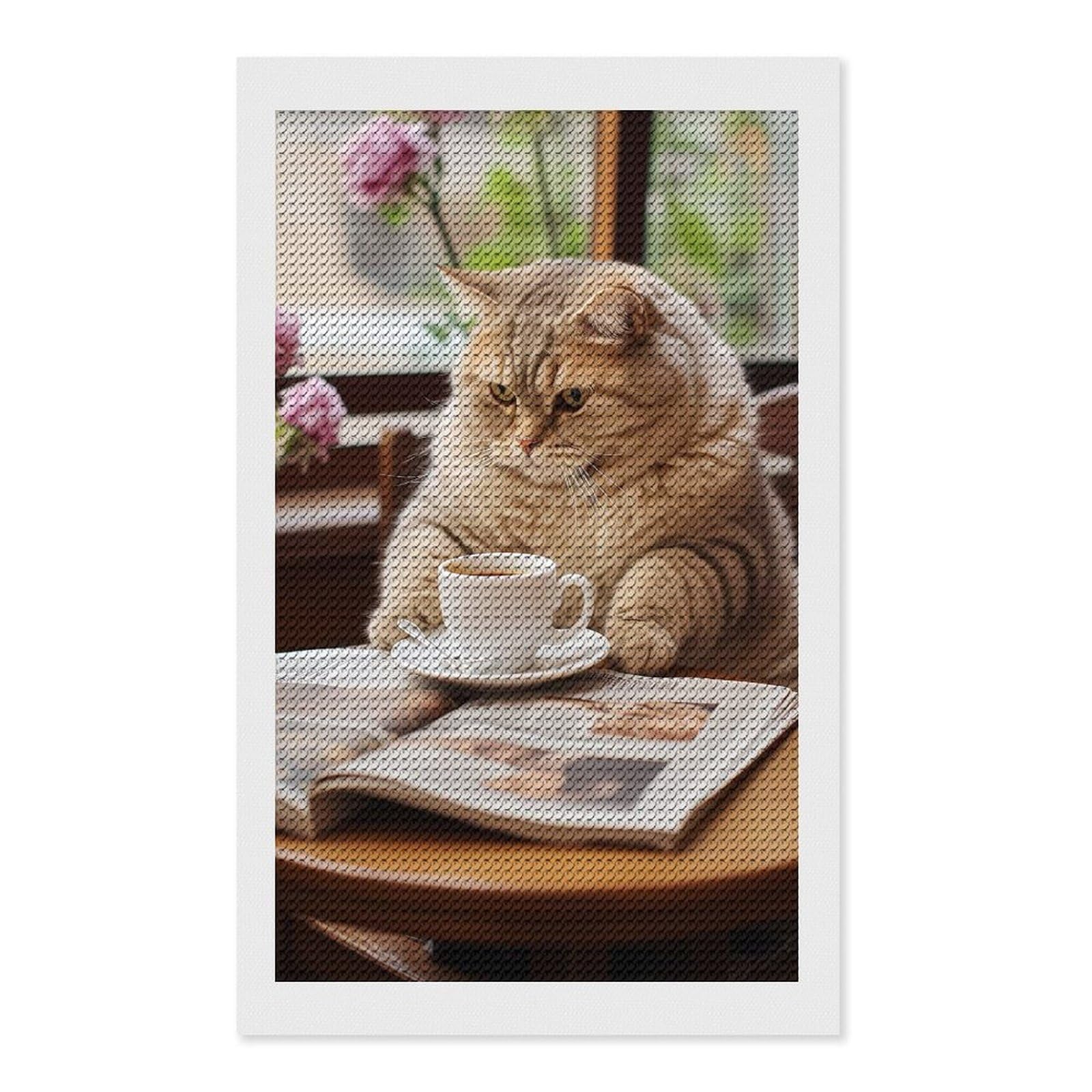 Junmoney Cat Read Newspaper in Cafe Diamond Painting Canvas Kit 12"x20", Leisure Activity, Aesthetic Room Decor, with Tool Kit, DIY, Gift