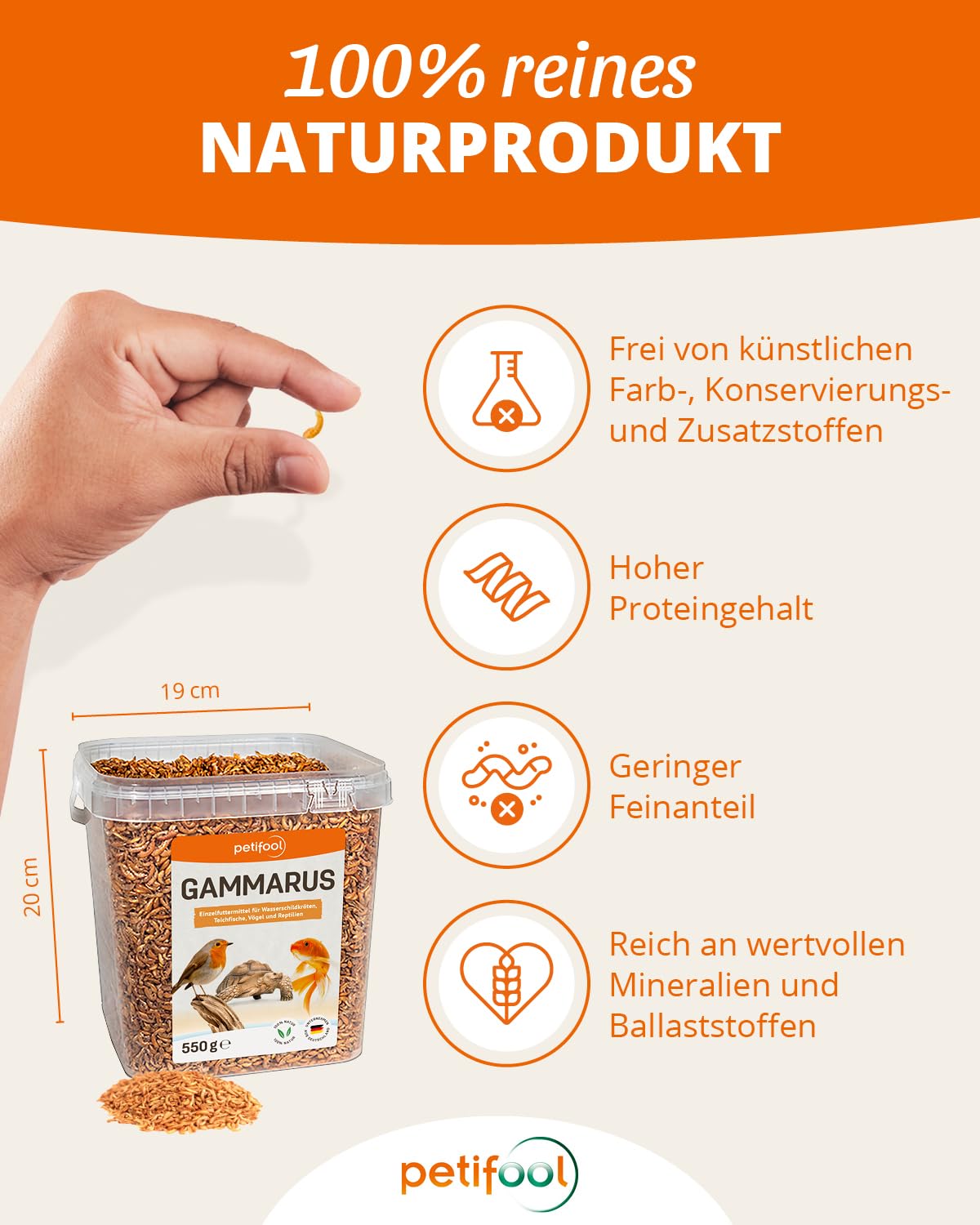 petifool Gammarus 550 g – Cangrejos Secos – Sano Aperitivo para Tortugas, Peces, Aves, Reptiles y roedores – alimento Natural