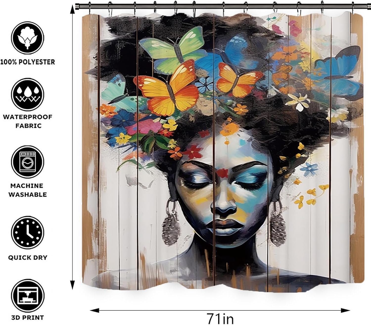 NEWSUYAA 4Pcs Black Woman Shower Curtain Sets with Bath Rugs Set,Rustic African Afro Girls Waterproof Tub Curtains Rug Mats Toilet Seat Cover Hooks Queen Women Crown Girly Kids 71 Inch Bathroom Decor