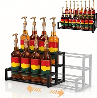 Large Expandable Coffee Syrup Organizer, Syrup Rack for 8-16 Bottles | 17.5 to 29 Inch Adjustable Width, Heavy-Duty Metal Syrup Stand, Fits Bottles with Flat, Stable Bases 2.5-4 Inches Wide