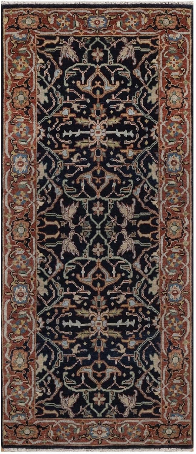 Hand Knotted Midnight Blue Oriental Runner Rug, New Zealand Wool, Vegetable Dyes, Antiqued Floral Design, 2'7"x6'