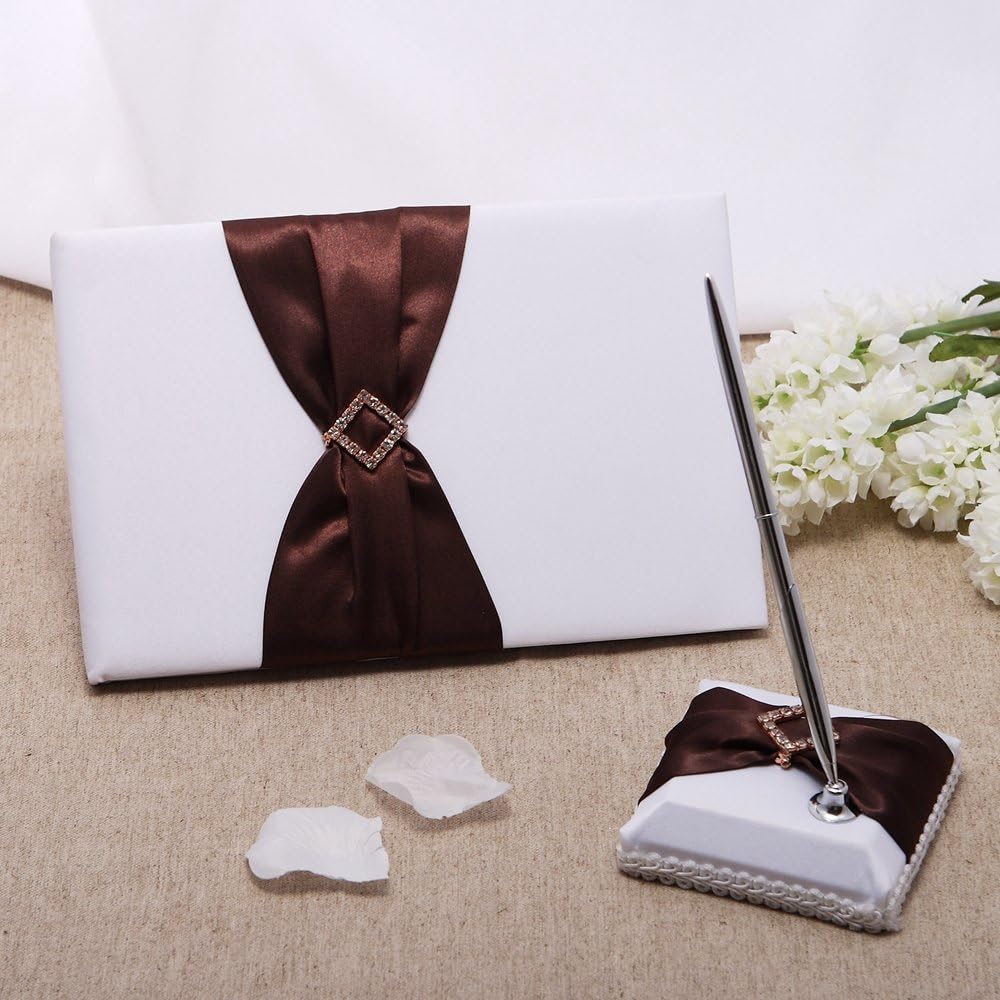 KateMelon Brown Sash Wedding Guest Book and Pen Set