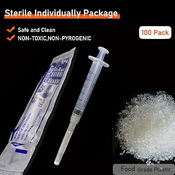 100 Pack 3ml/cc Disposable Luer Lock Lab Syringes with 22Ga 1.0 Inch Needle