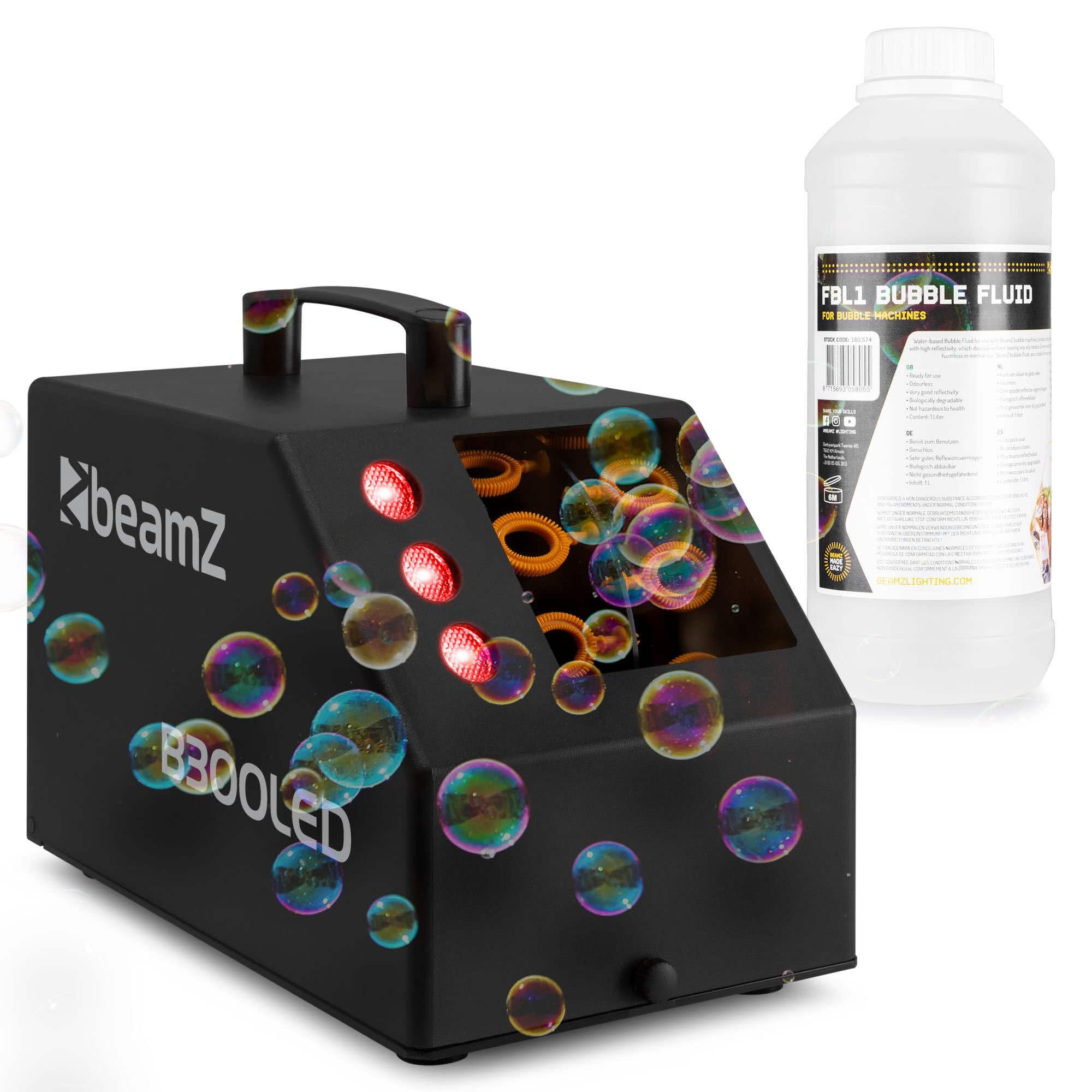 BeamZ B300LED - Máquina de Burbujas con LED RGB, Mando a Distancia, 1L líquido Incluido, depósito 700ml, compacta y Ligera, Ideal para Fiestas Infantiles, jardín, Eventos y espectáculos