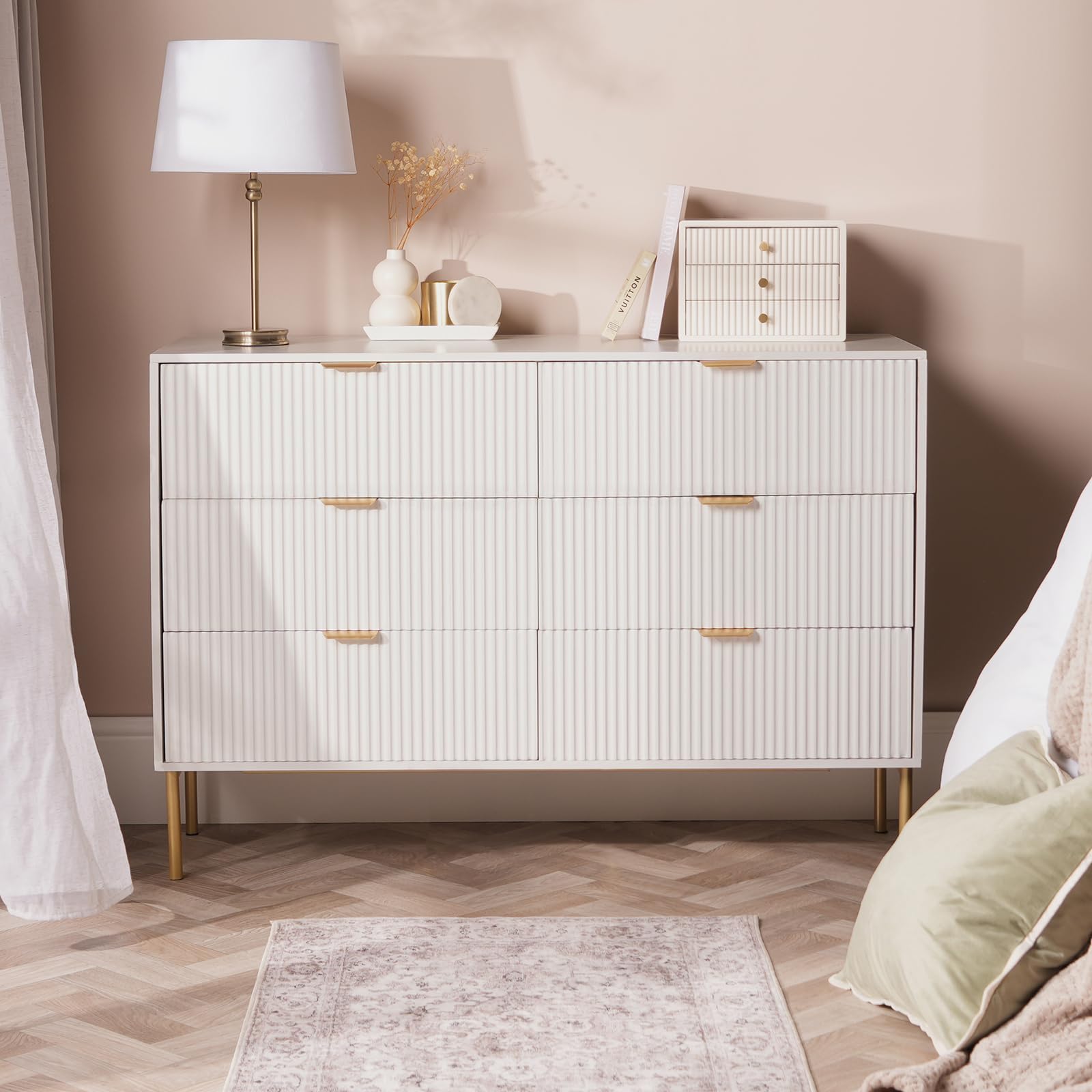 OHS 6 Drawer Chest of Drawers Ribbed, Space Saving Wooden Storage Cabinet with Metal Handles Decorative Drawer Dresser for Bedroom Living Room Office, White