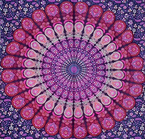 Indian Hippie Bohemian Psychedelic Golden Blue Peacock Mandala Wall Hanging Bedding Tapestry (Purple Pink, Queen (84X90Inches)(215X230Cms)) #TOP1