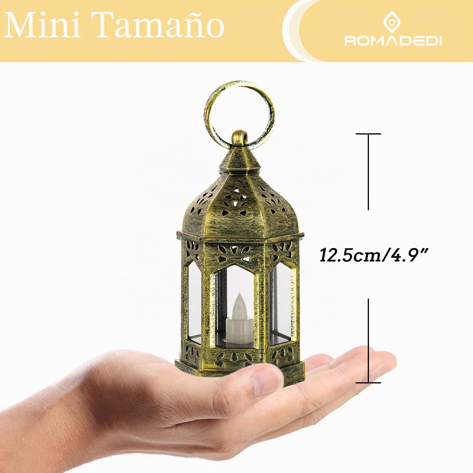 Romadedi Farolillos dorados para decoración de mesa de boda, juego de 10 mini farolillos para colgar, con velas LED para decoración de fiestas, Navidad, Ramadán, jardín, balcón, exterior, oriental