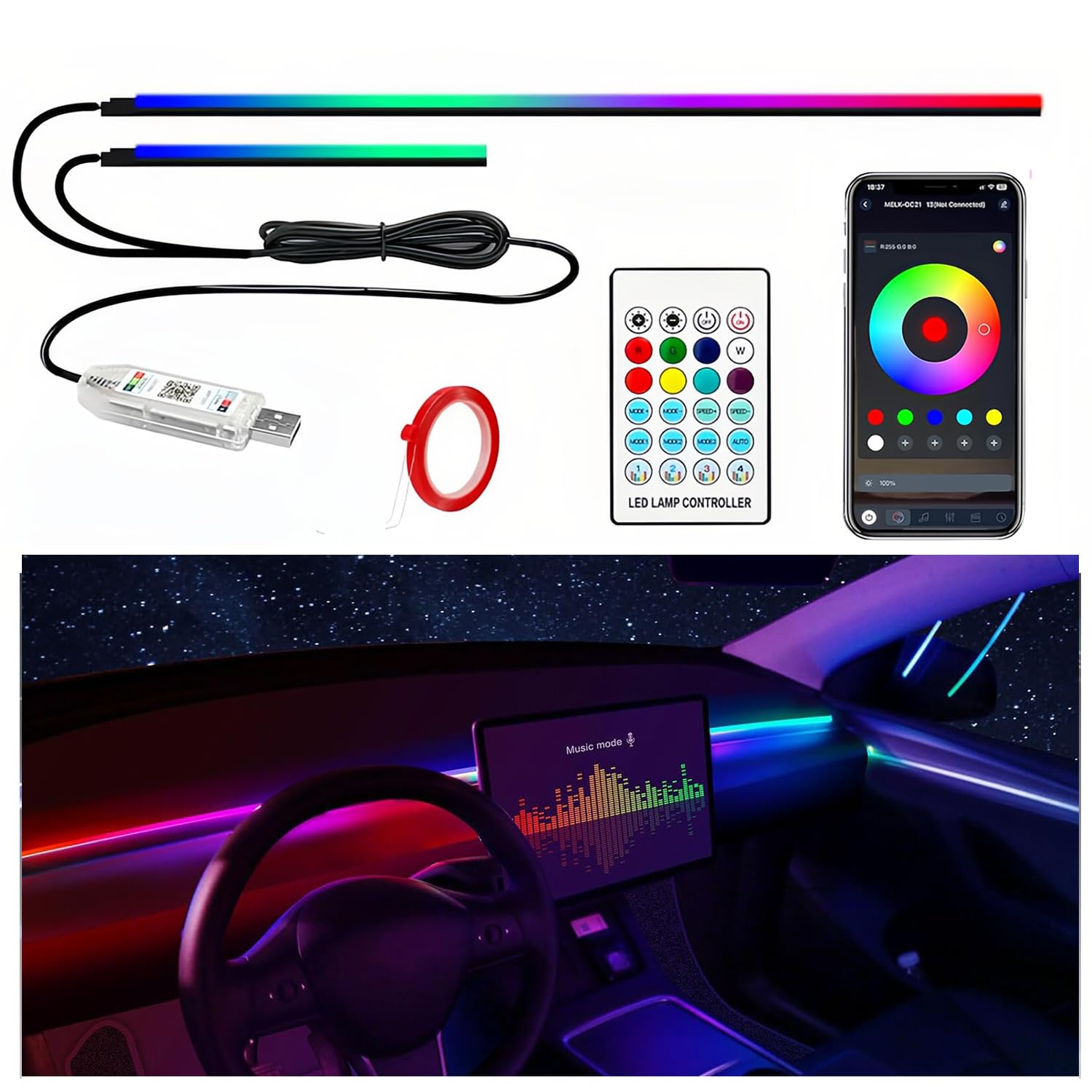 Luci Led Auto Interno, RGB Illuminazione Ambientale Auto Acrilica con 3 Metodi di Controllo Luci con Telecomando, App e USB, Neon Luce di Musica Striscia Auto110cm+35cm