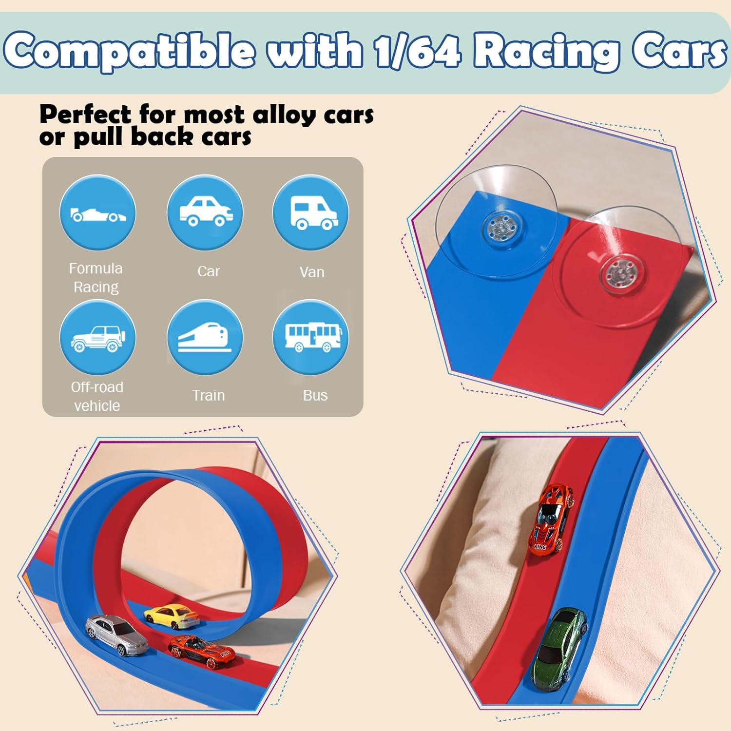 Flex Tracks 15 Ft Starter Set, Flexible Race Track for Kids 3+ with Strong Suction Cups, Flexible Car Track Race Car Ramp Track Compatible with 1/64 Diecast Cars, Portable Rolls Up Race Tracks