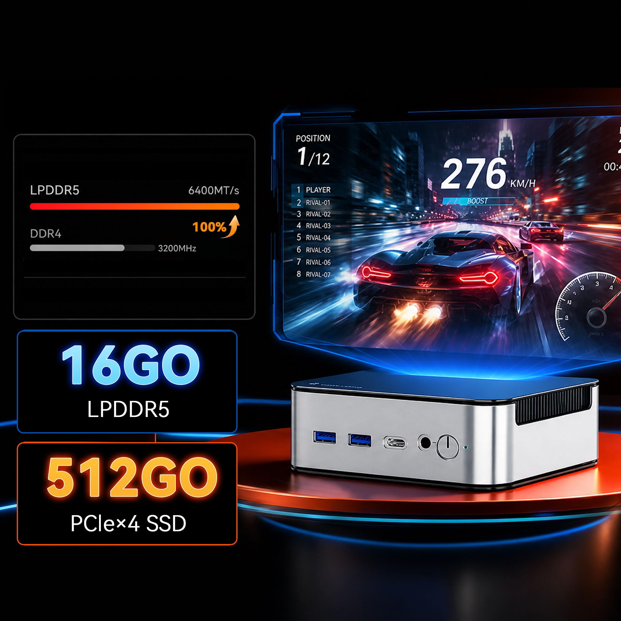 Glorlin GT103 Mini PC,AMD Ryzen 5 6600H (Meilleur Que R5-7430U,jusqu'à 4.5Ghz),16Go LPDDR5 512Go NVMe SSD,AMD Radeon 660M,Mini Ordinateur W11-Pro pour Bureau/Gaming,Double LAN,WiFi 6,BT 5.3