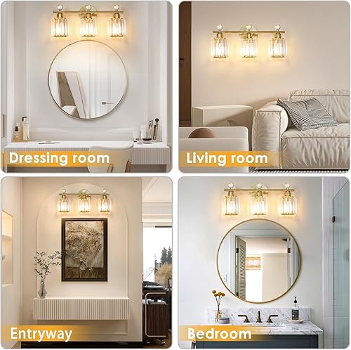 Miniatura 6 de Lámparas de baño doradas de 3 luces, modernas luces de tocador de cristal K9, aplique de pared con base de acero inoxidable, elegante iluminación de