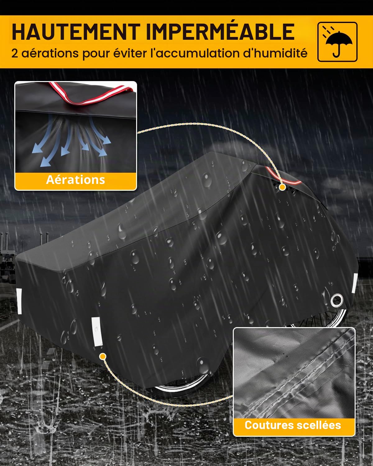Housse de Protection Vélo Cargo Bache Velo Impermeable Exterieur Housse pour Vélo Cargo avec Bandes Réfléchissantes pour Triporteur 420D Oxford Protection UV 220x105x100cm