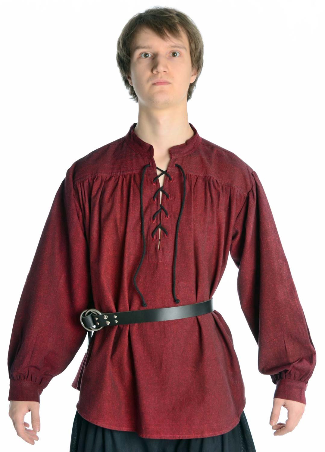 HEMAD Men's Medieval Cotton Shirt – Stand-up Collar & Front Lacing – XXL Dark Red