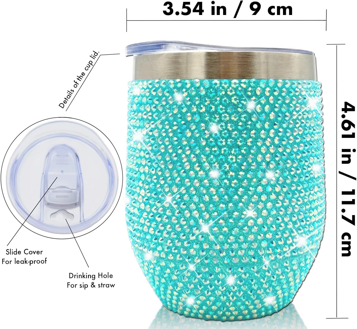 12 oz Bling Wine Tumbler with Lid Rhinestone Insulated Wine Glass Tumbler Double-Wall Vacuum Stainless Steel Coffee Mug Sparkly Travel Cup for Beer Champaign Cocktail (Aqua Blue) - Image 4