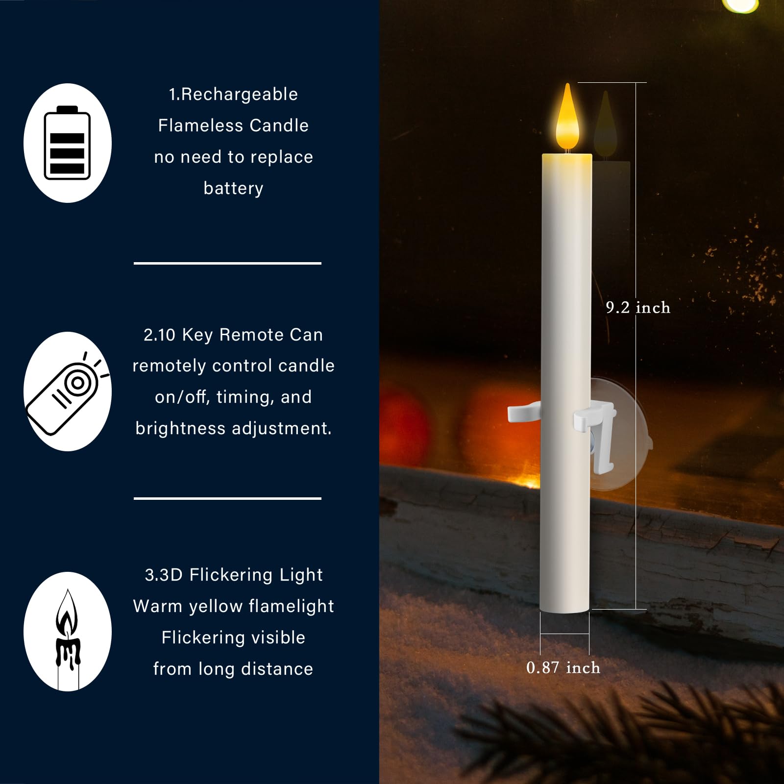 6 candele ricaricabili senza fiamma, senza fiamma, con telecomando e timer, LED bianco tremolante a batteria, candele con ventose, per casa, matrimoni, decorazioni natalizie (2,2 x 23,4 cm)