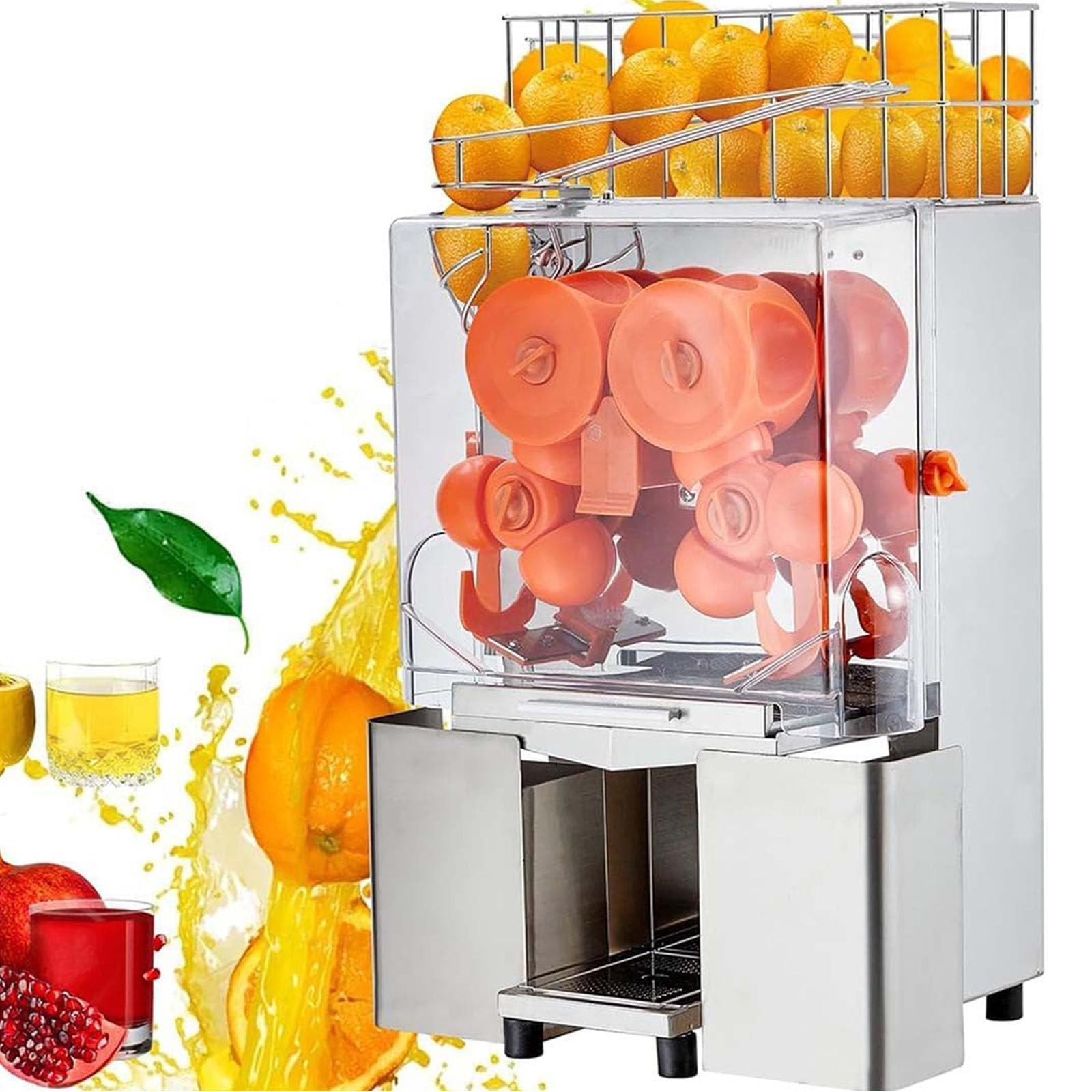 Presse-agrumes professionnel, extracteur jus automatique 120 W, presse-oranges acier inoxydable, 20 oranges par minute, avec filtre extractible, 2 bacs récupération écorces
