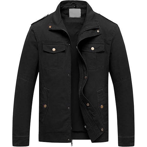 Pursky Men's Military Jacket Casual Washed Cotton Hooded Canvas Coat Fall Coat