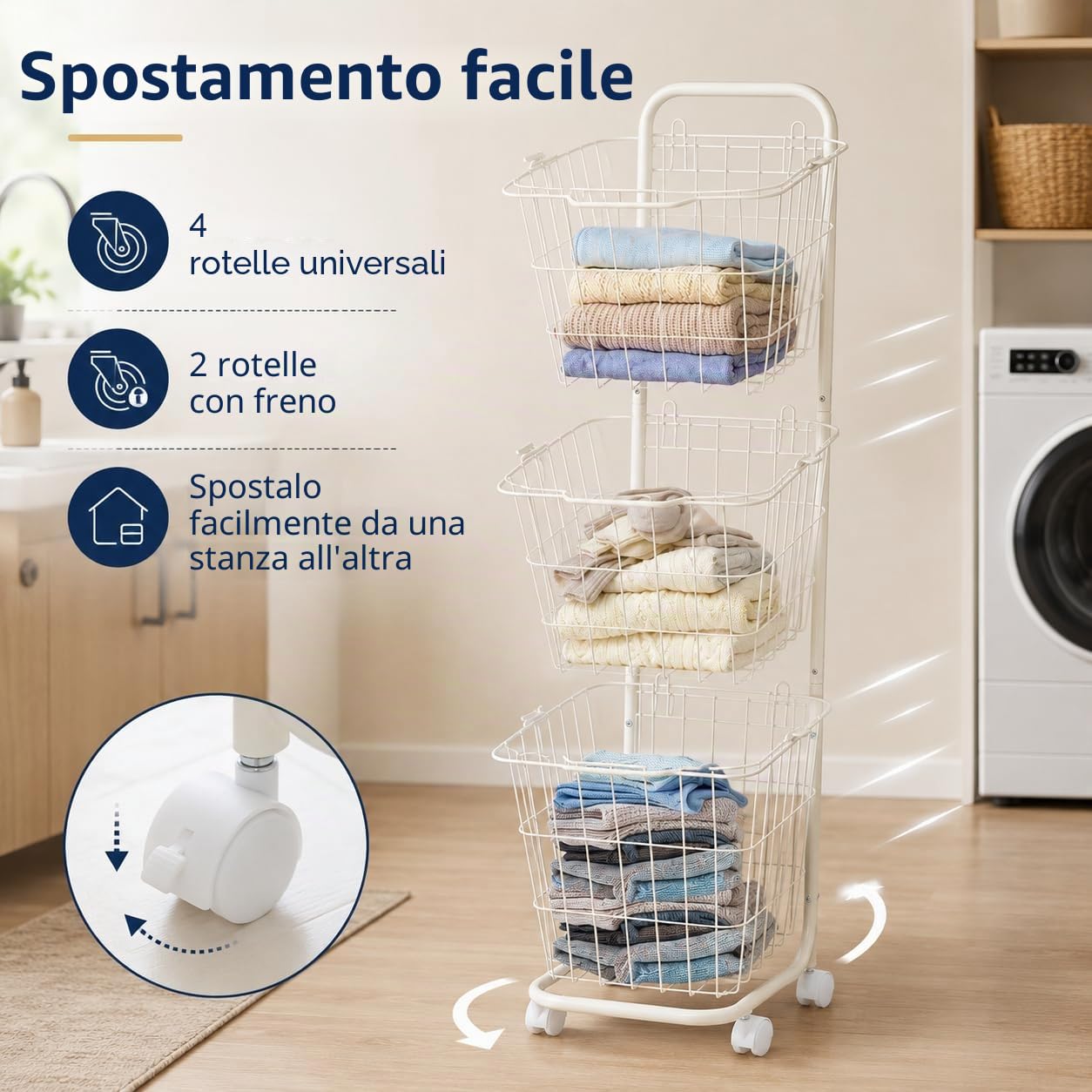 Cesto portabiancheria a 3 scomparti, con 4 ruote e cestini rimovibili | Cestino per bucato in metallo a 3 livelli, bianco. Capacità di 22 libbre per scaffale. Cassetti rimovibili con maniglie