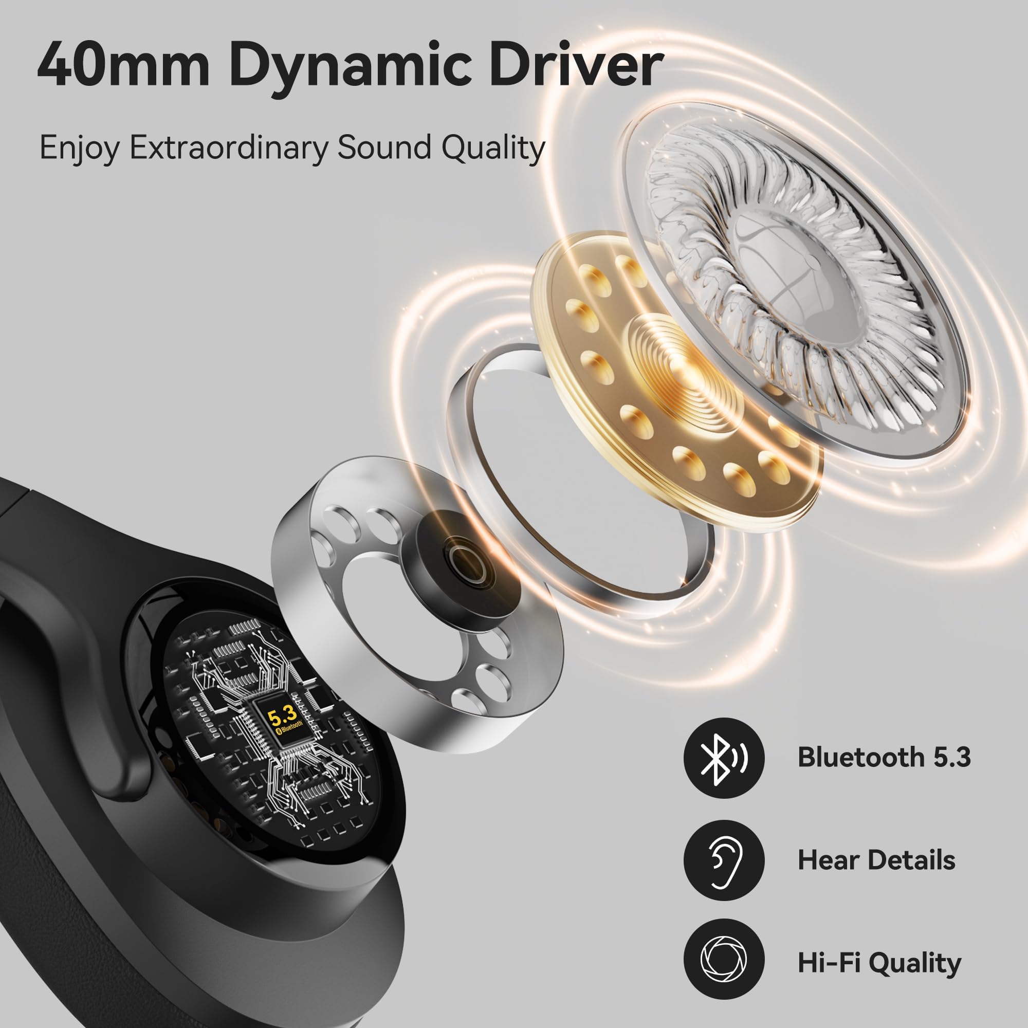 oraolo Bluetooth Kopfhörer, Kabellose Kopfhörer mit 3 EQ-Modi, Niedrige Latenz, HiFi-Stereo, Faltbar, Leicht, 70 Stunden Spielzeit, Tiefer Bass für Zuhause, Büro, Handy, PC