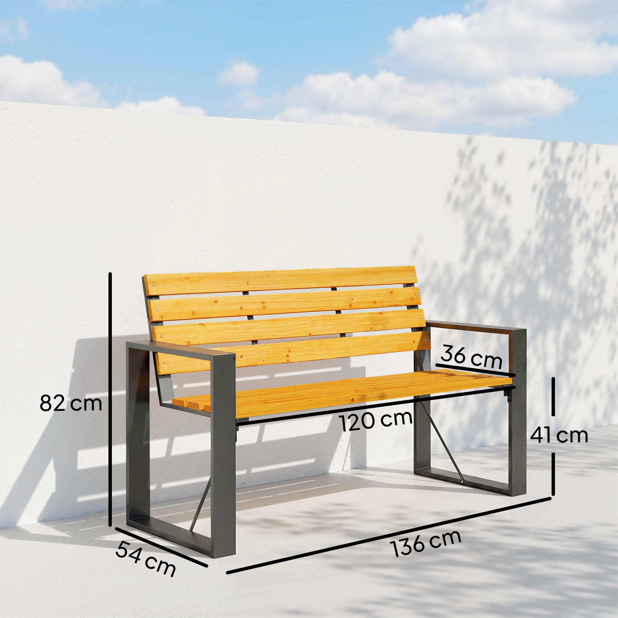 Outsunny Banco de Jardín Exterior de 2 Plazas, Banco Exterior con Respaldo y Asiento Listonado de Madera, Reposabrazos y Marco de Acero, para Patio, Terraza, 136x54x82 cm, Natural