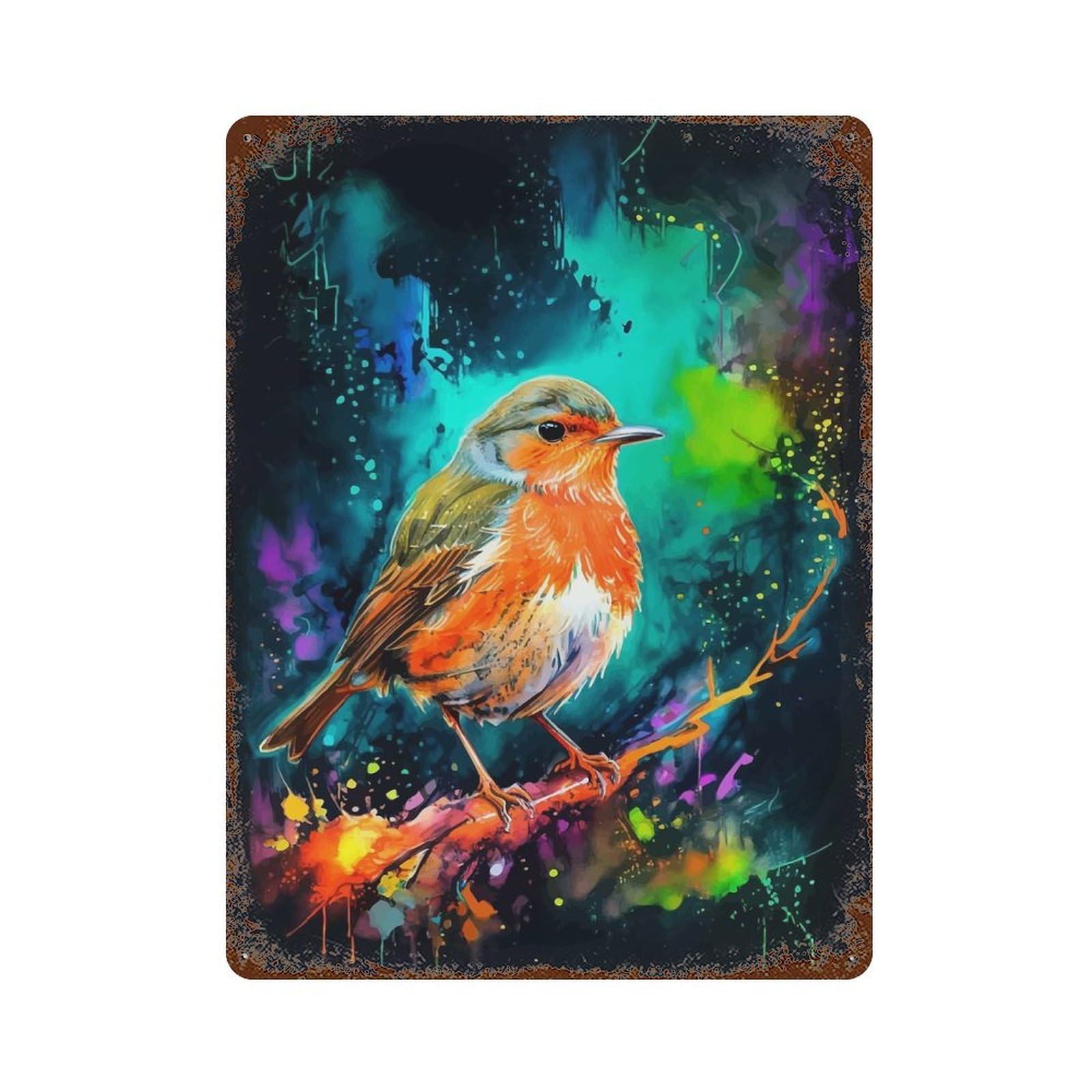 Weathered Tin Sign Robin in Watercolor Splatter 15.7"x11.8", Rustic Home Decor for Basement, Hobby Room And Garage Decor
