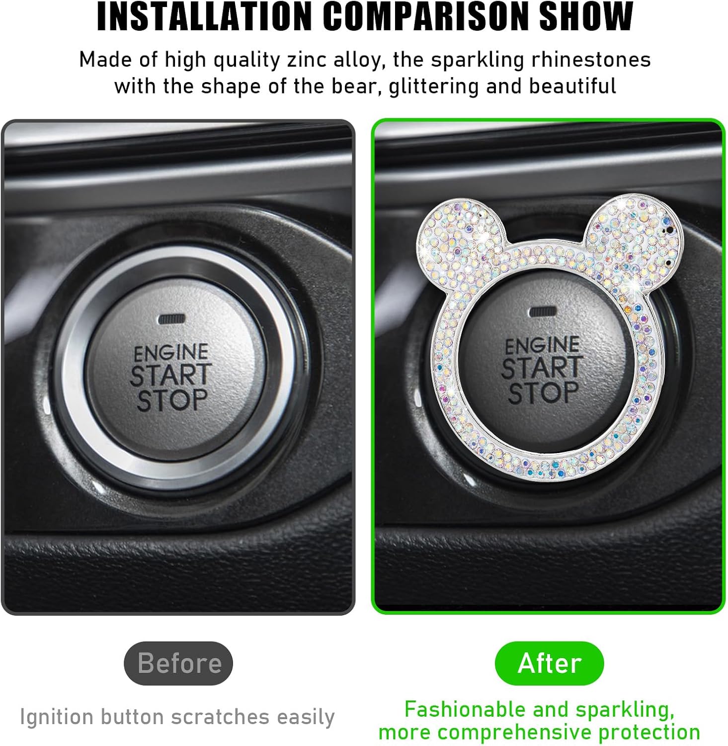 Augeny Bling Car Engine Start Button Cover, Rhinestone Key Ignition Knob Ring, Sparkling Push to Start Button Sticker for Women, Universal Car Accessories for Interior Decoration (1PC, AB) image 3