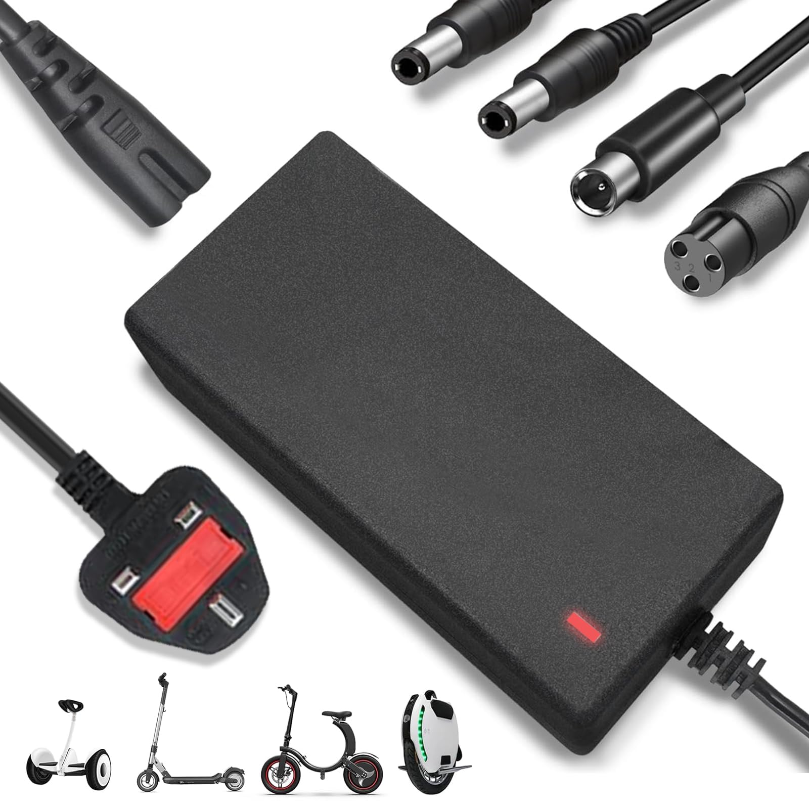 OHVBAEON Electric Scooter Charger, 42V 2A Mobility Scooter Charger with 4 Connectors, Compatible with 36V Hoverboard Battery, for Electric Scooters, Mobility Scooters Xiaomi M365/Pro 2 Unicycles