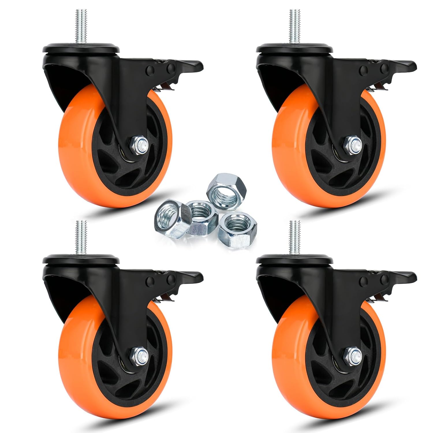 6 inch Threaded Stem Casters Set of 4 Heavy Duty 2000Lbs 1/2"-13 x 1 Castor Wheels Dual Locking Industrial Caster Swivel Caster with Brakes Safety Smooth No Noise Wheels for Cart, Furniture
