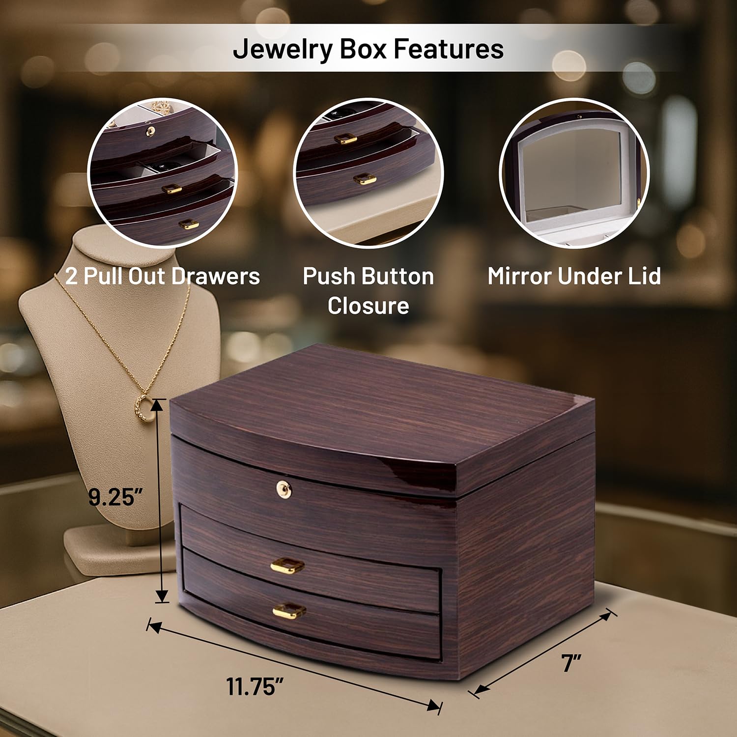 Amazon.com: Bey-Berk Lacquered Ebony Zebra Wood Jewelry Box, Brown