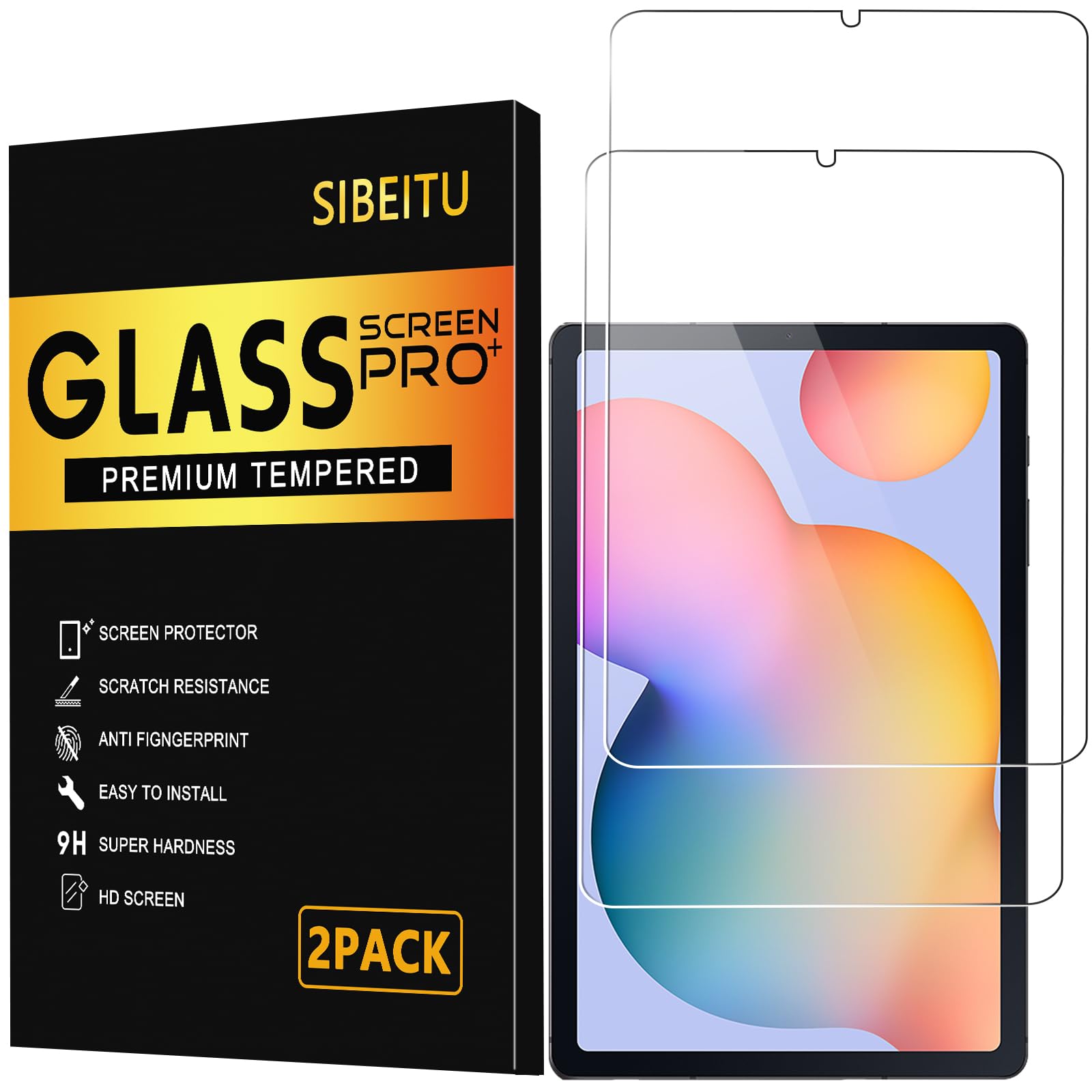 SIBEITU 2 Pack Screen Protector for Samsung Galaxy Tab S6 Lite 10.4 Inch, HD Clear 9H Hardness Tempered Glass Film for Galaxy Tab S6 Lite, Scratch Resistent, Touch Sensitive, Bubbles Free